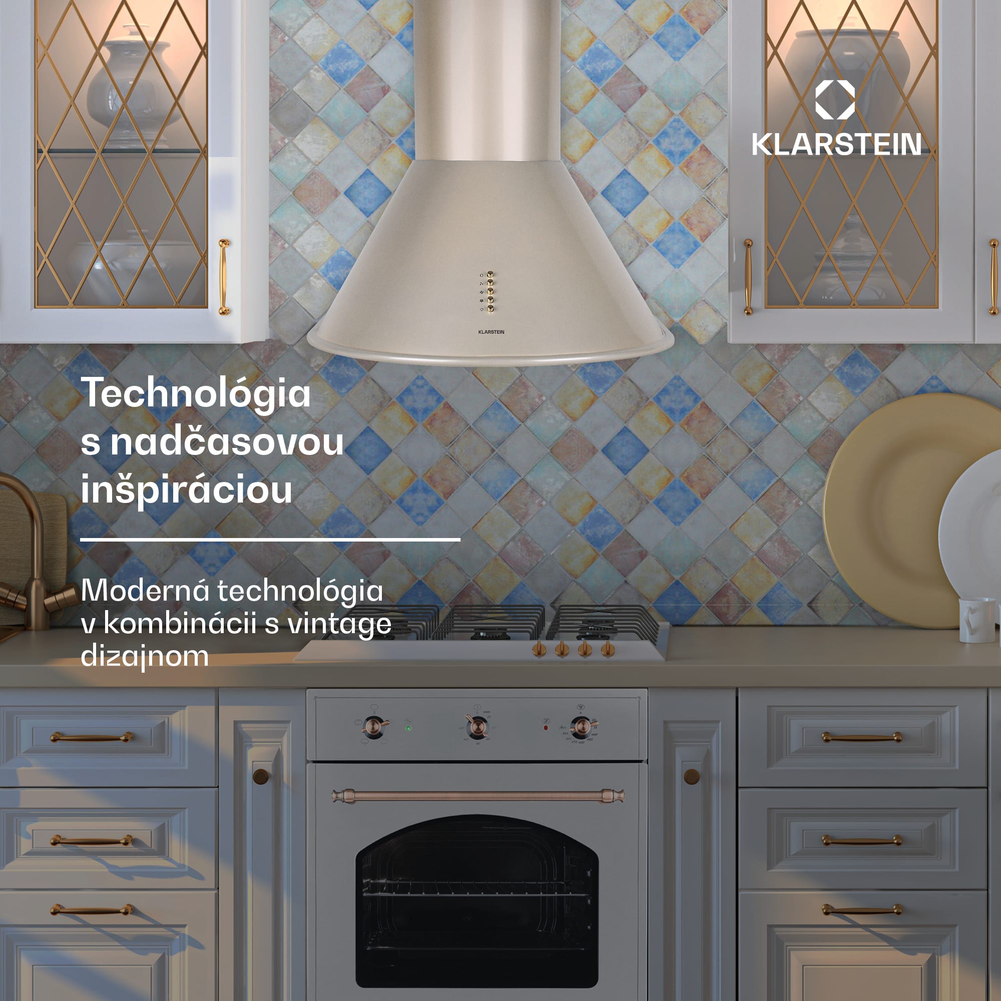 Klarstein Lumio, digestor, 60 cm, komínový, 352 m³/h, retro dizajn, nehrdzavejúca oceľ, champagne – Obrázok 2