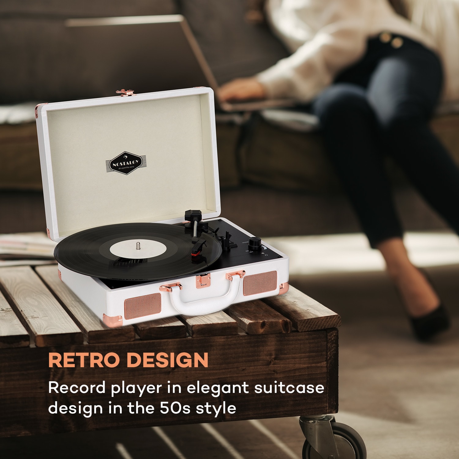 Nostalgy by auna Peggy Sue retro gramofón platne USB AUX biela/ružovo-zlatá – Obrázok 2
