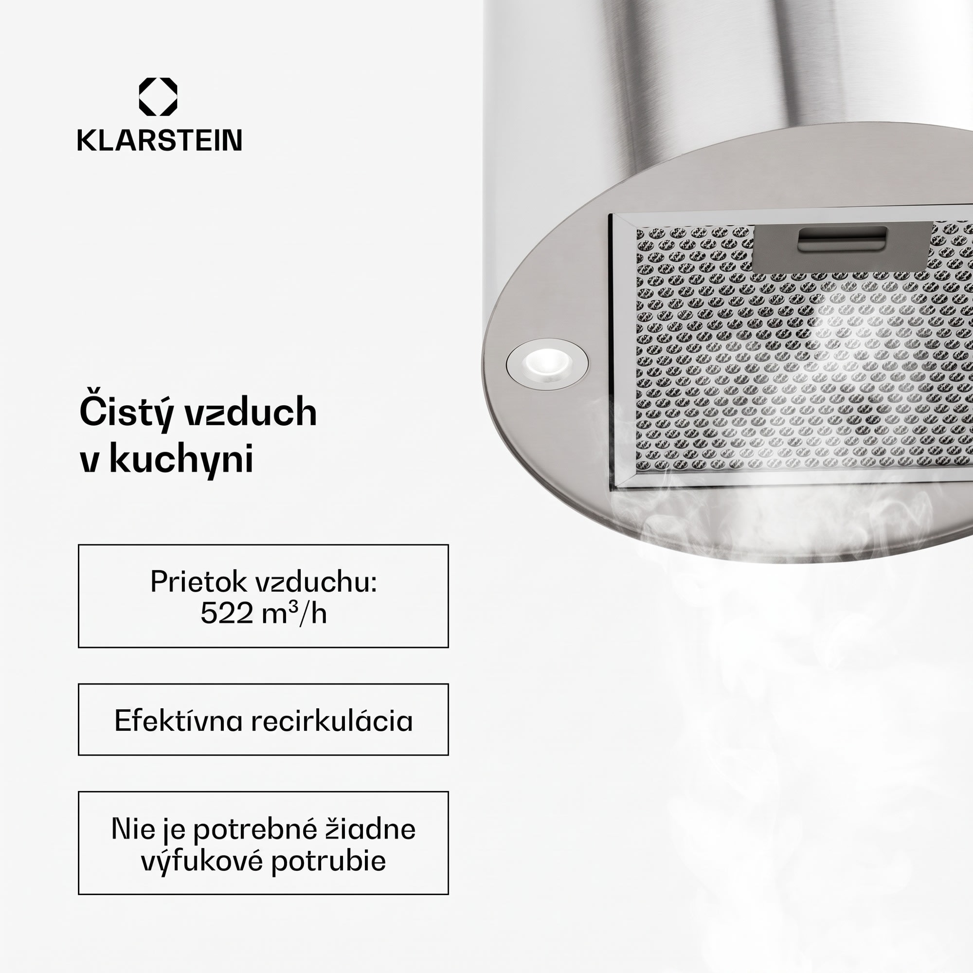 Klarstein Odsávač pár Barett v ostrovnom vyhotovení, Ø35 cm, recirkulačný režim, 522 m³/h, LED osvetlenie, filter s aktívnym uhlím – Obrázok 2