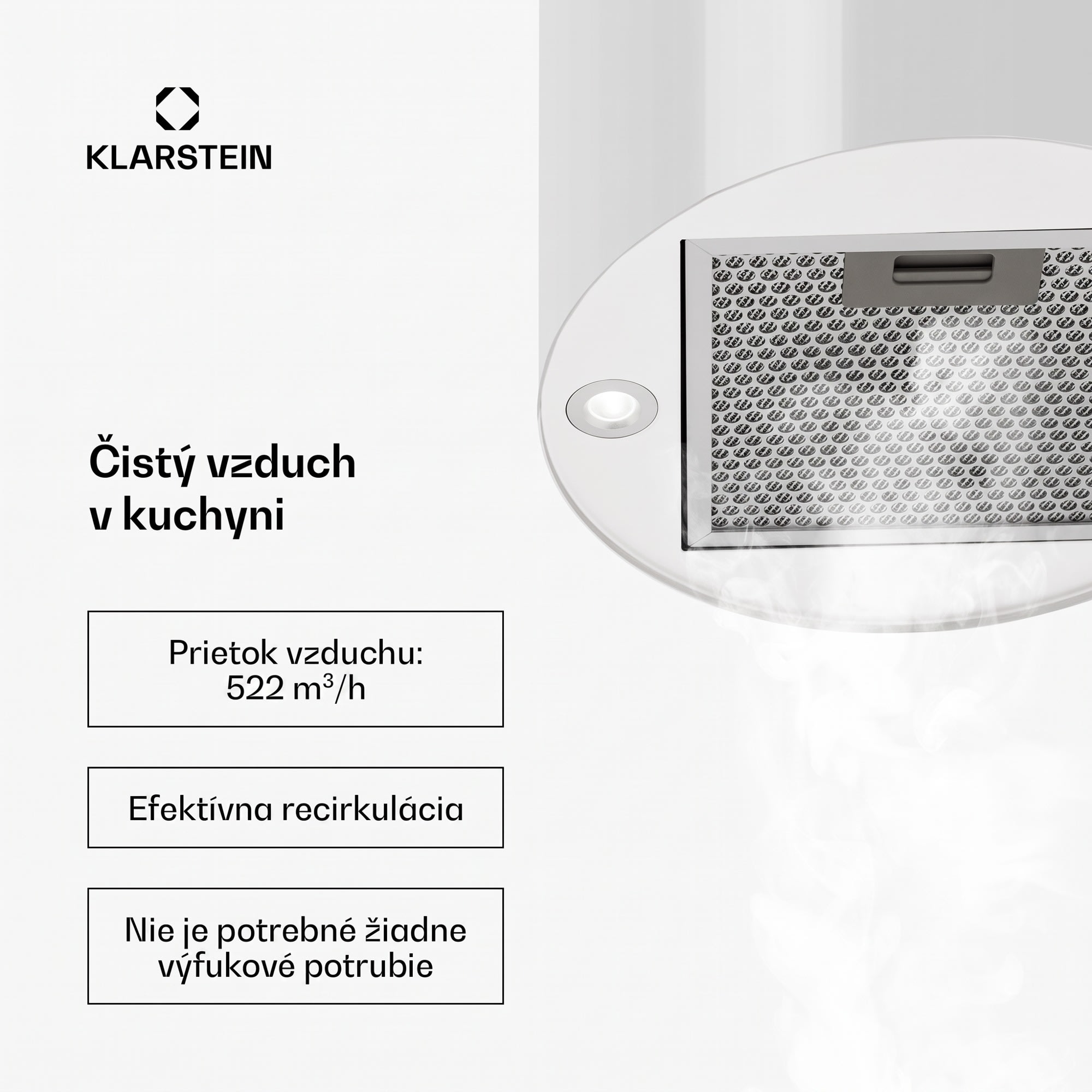 Klarstein Odsávač pár Barett v ostrovnom vyhotovení, Ø35 cm, recirkulačný režim, 522 m³/h, LED osvetlenie, filter s aktívnym uhlím – Obrázok 2