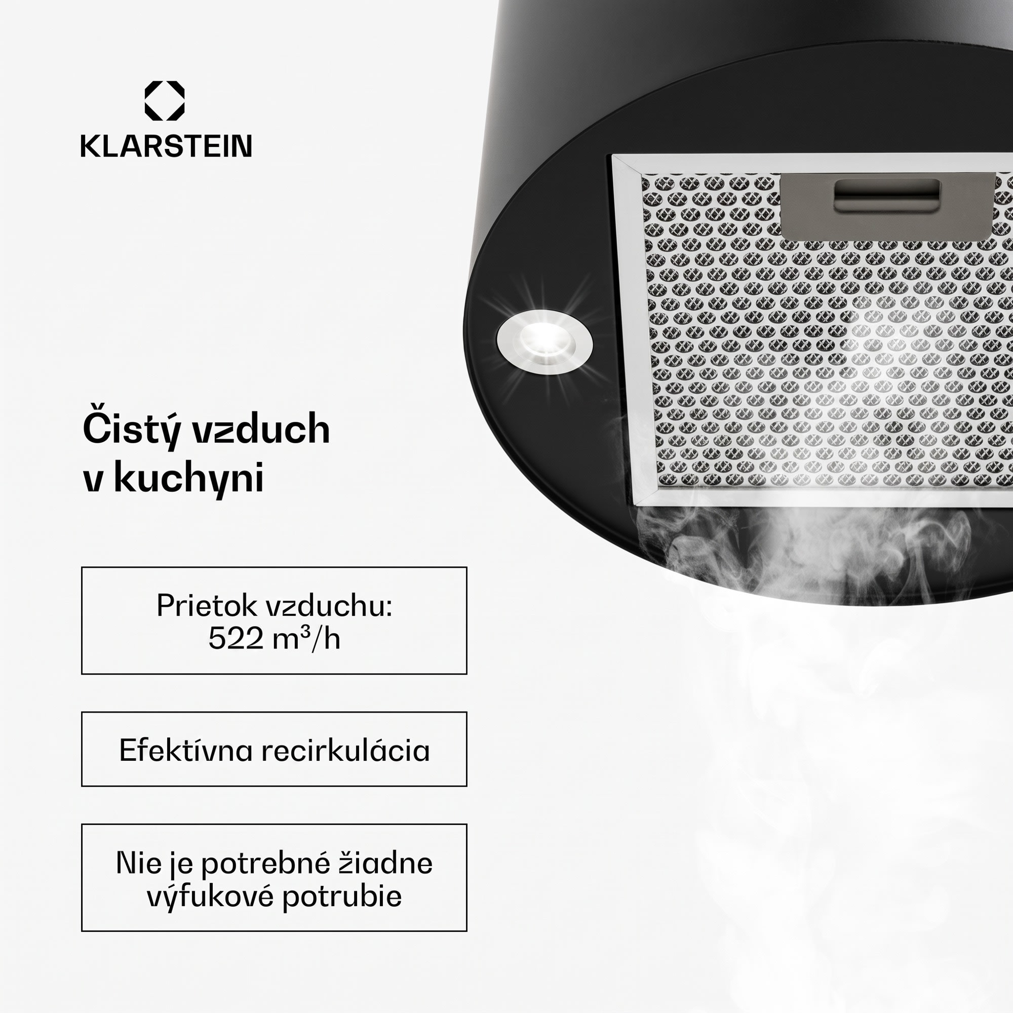 Klarstein Odsávač pár Barett v ostrovnom vyhotovení, Ø35 cm, recirkulačný režim, 522 m³/h, LED osvetlenie, filter s aktívnym uhlím – Obrázok 3