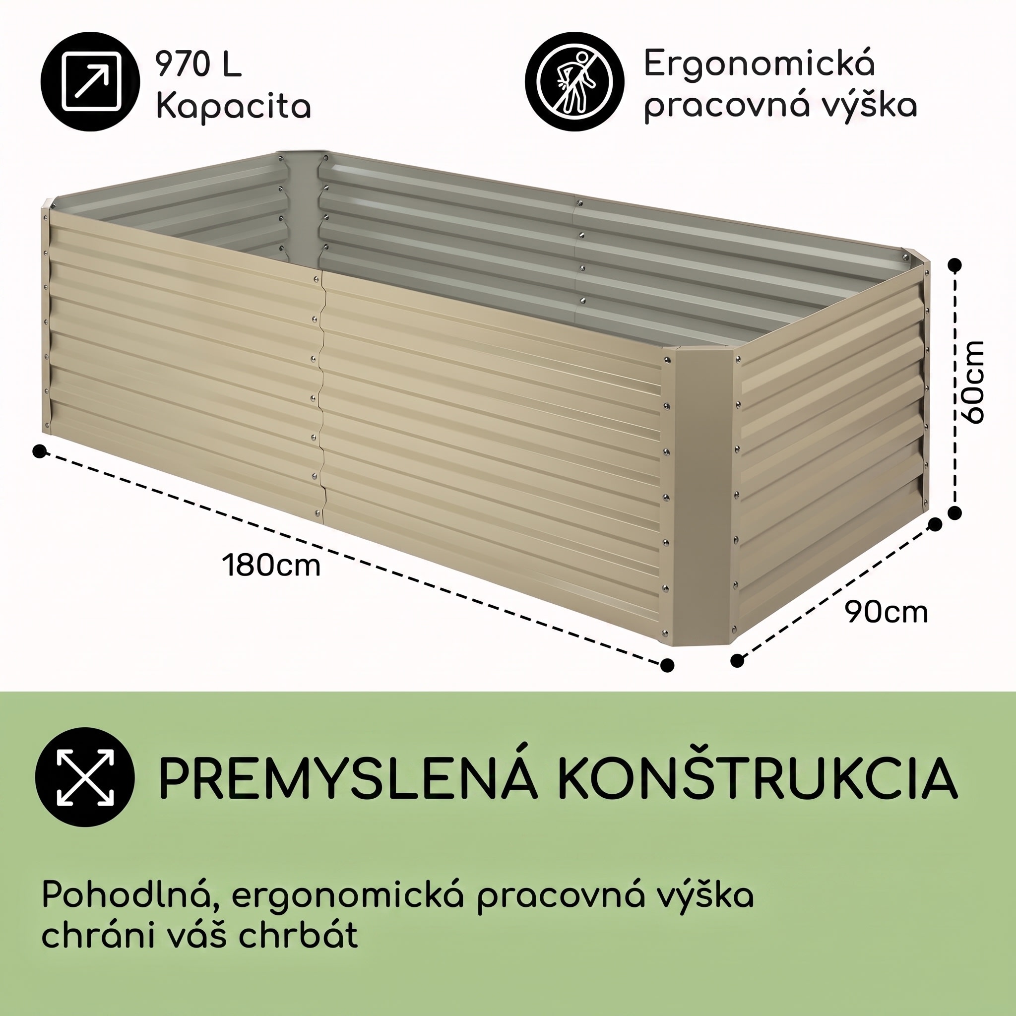 Blumfeldt High Grow Straight, vyvýšený záhon, 180 x 60 x 90 cm, 970 l, oceľ, pozinkovaný, béžový – Obrázok 3