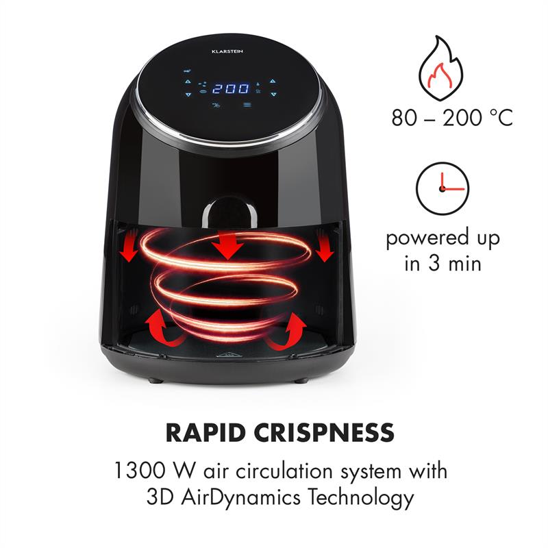 Klarstein AirVital, teplovzdušná fritéza, 1300 W, 2,5 l, nepriľnavý povrch CeraPlus, dotykové ovládanie, čierna – Obrázok 3