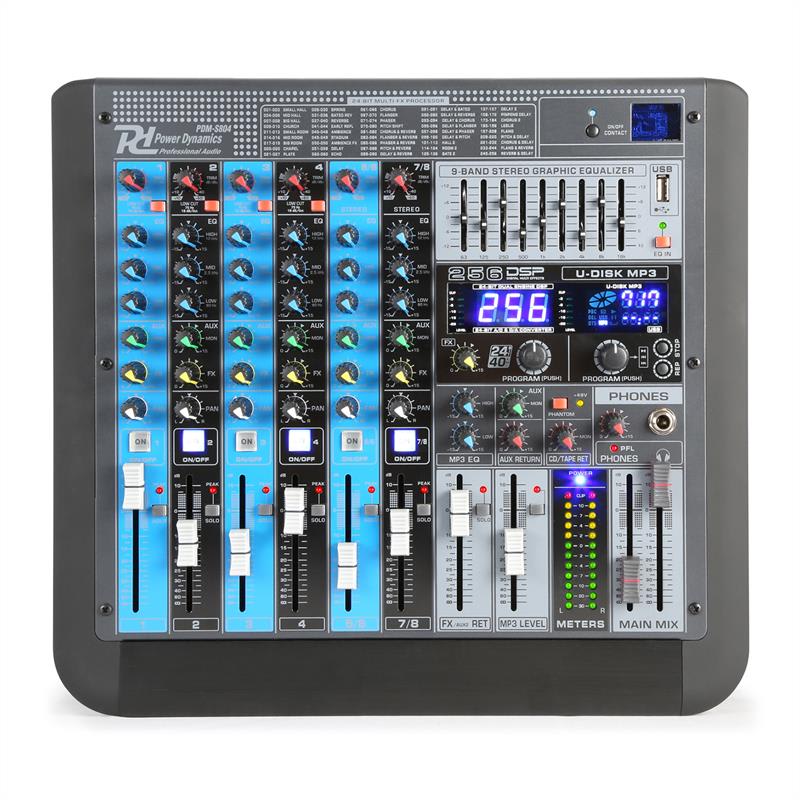Power Dynamics PDM-S804, mixážny pult, 8-kanálový, DSP/MP3, USB port, bluetooth prijímač – Obrázok 2