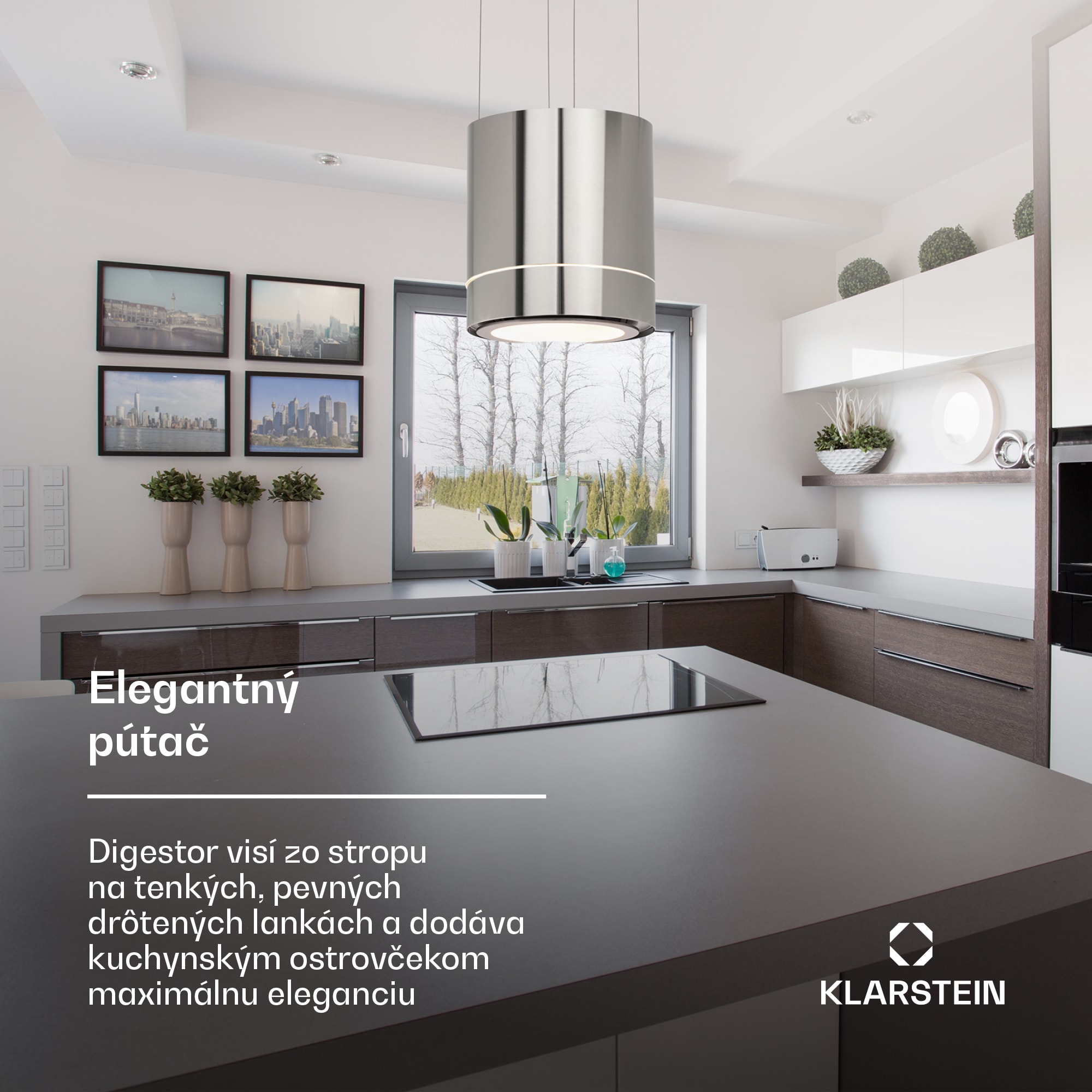 Klarstein Tron Ambience ostrovná digestorová kapucňa Ø38cm, recirkulácia, 540 m³/h, LED, nerezová oceľ – Obrázok 2