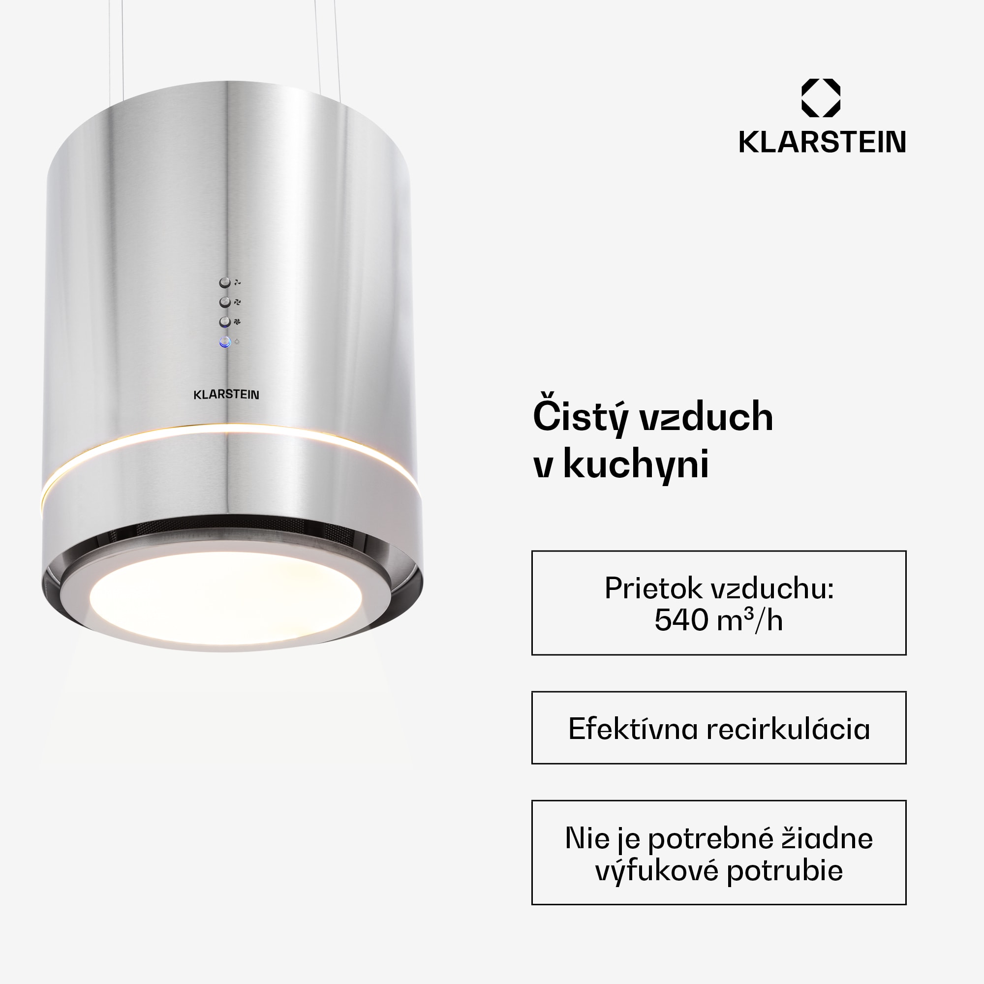 Klarstein Tron Ambience ostrovná digestorová kapucňa Ø38cm, recirkulácia, 540 m³/h, LED, nerezová oceľ – Obrázok 3