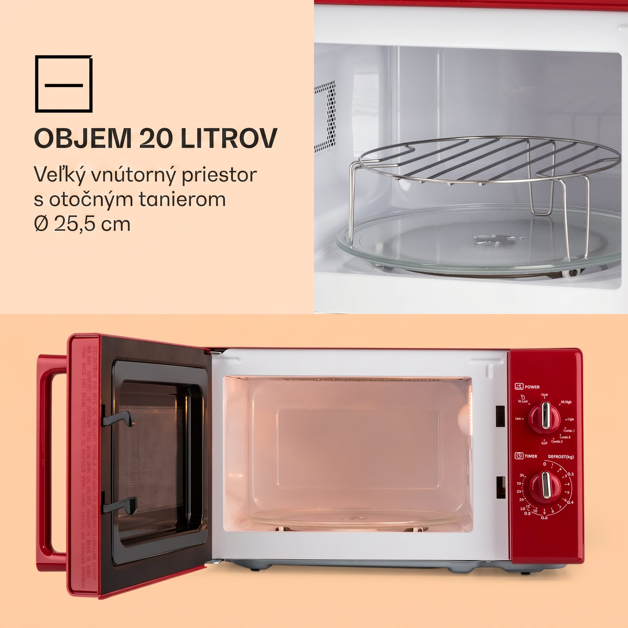 Klarstein Caroline, mikrovlnná rúra, 20 l, 700/1000 W, Ø 25,5 cm, QuickSelect, retro, červená – Obrázok 3