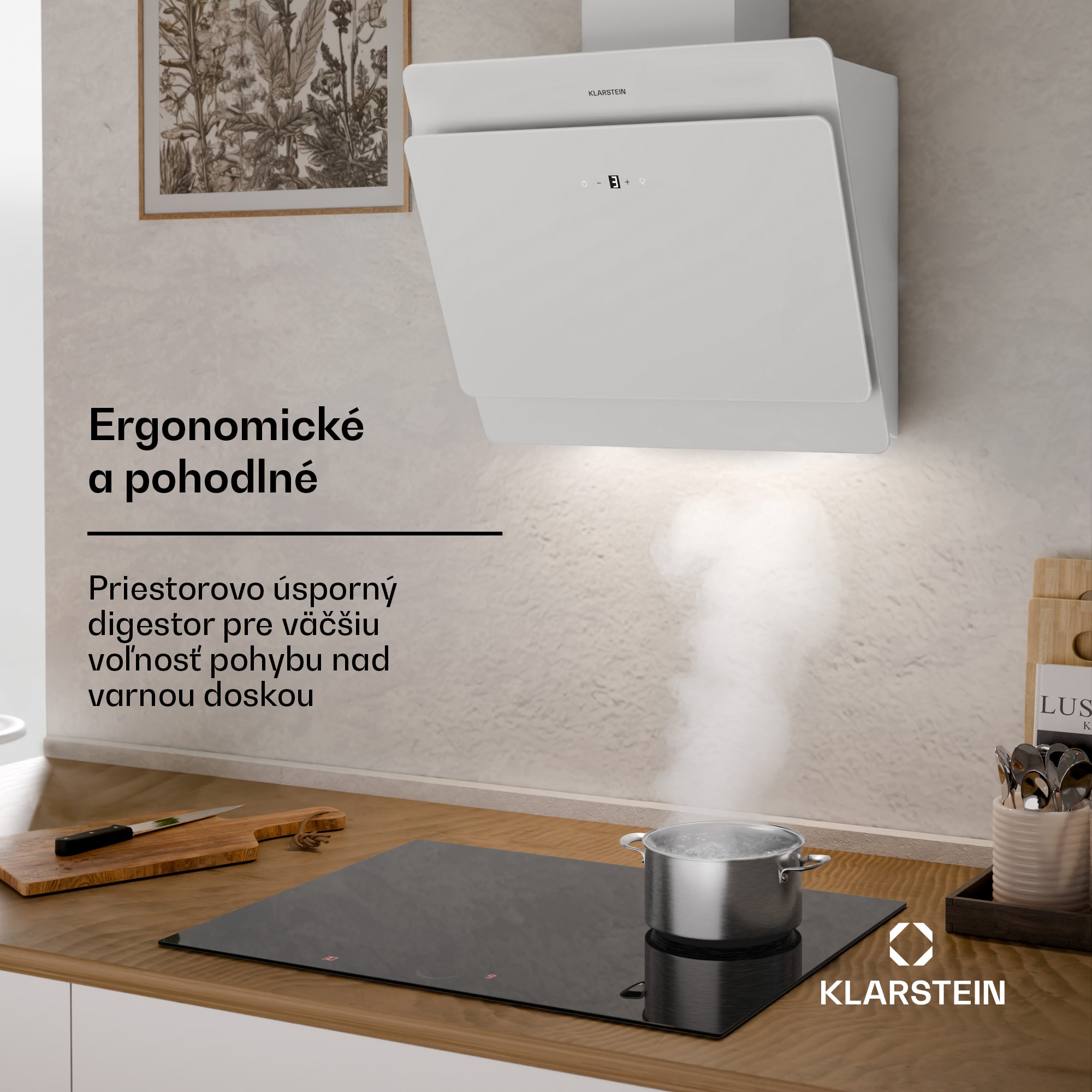 Klarstein Aurica 60, digestor, 60 cm, nástenný, 607 m³/h, LED, dotykové ovládanie, sklo, biely – Obrázok 2