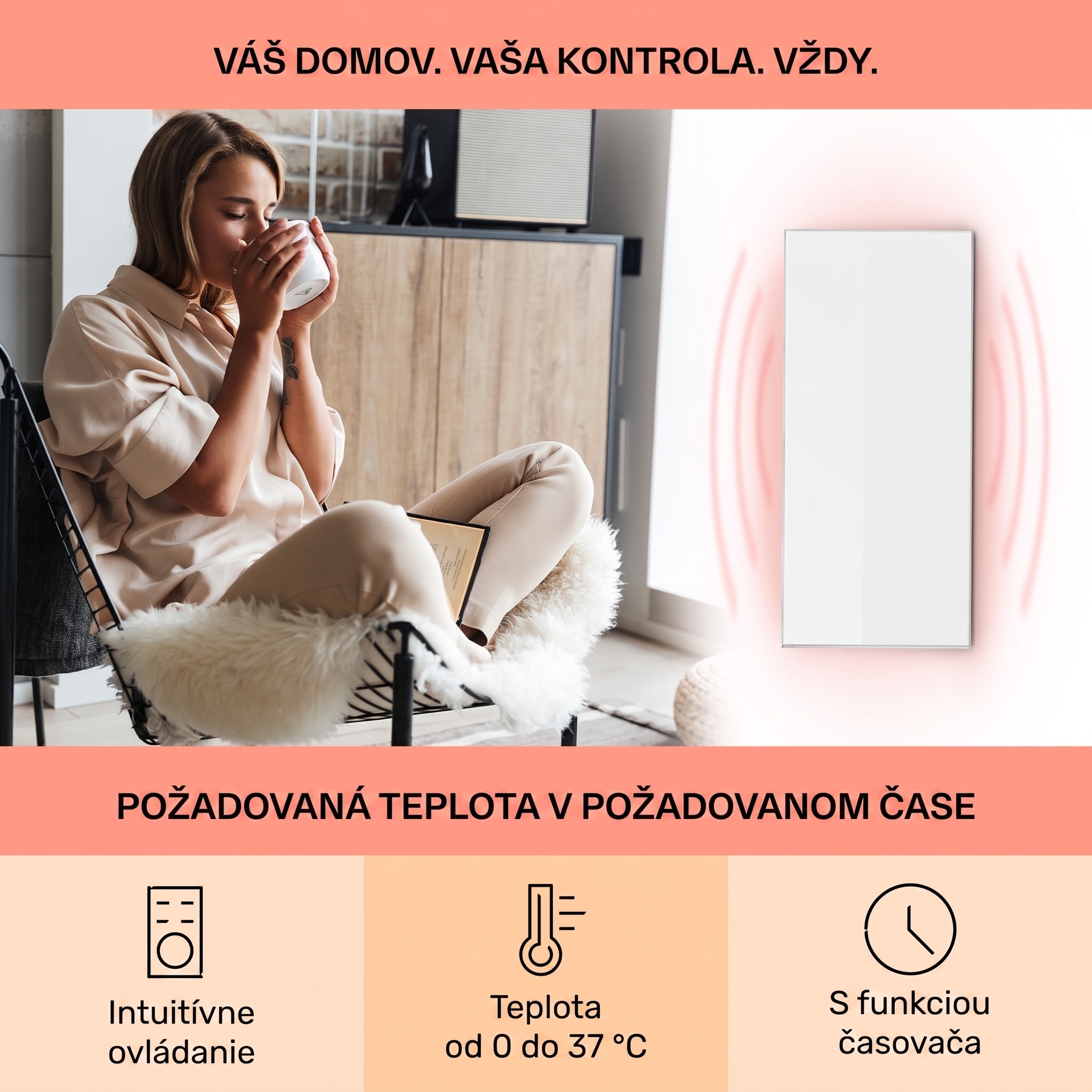 Klarstein Wonderwall 72, infračervený ohrievač, 60 x 120 cm, 720 W, týždenný časovač, IP24 – Obrázok 2