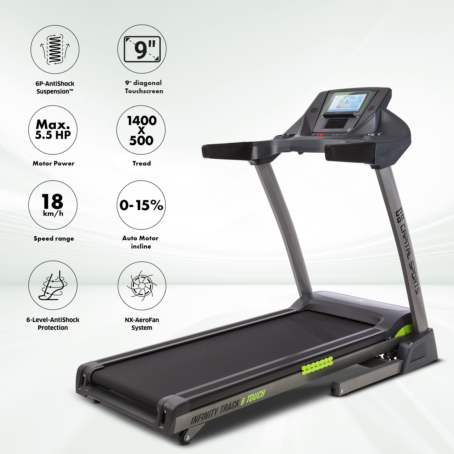 Capital Sports Infinity Track 6.0 Touch, bežecký pás, 5,5 HP, Wi-Fi, 9" dotyková obrazovka – Obrázok 2