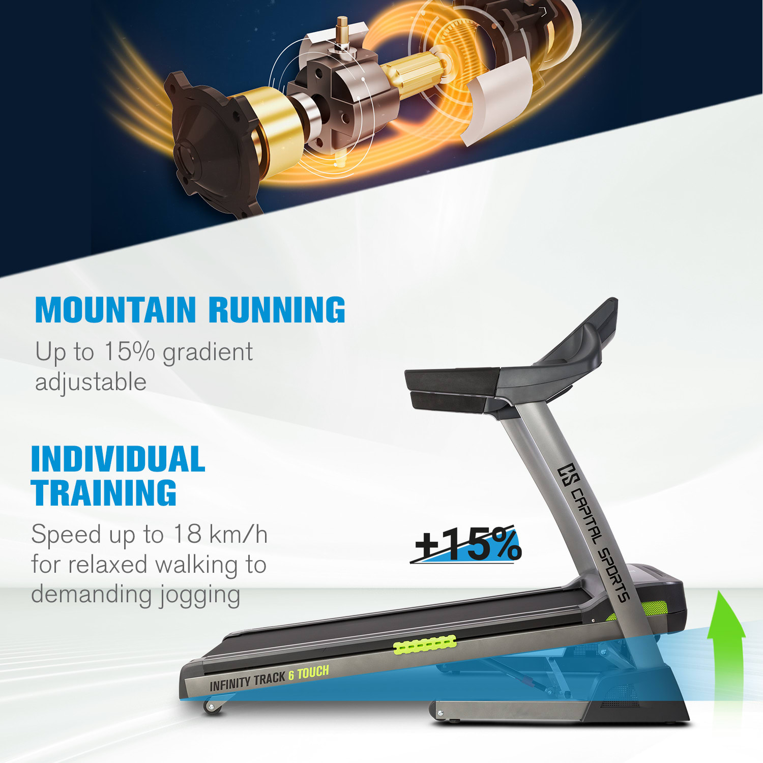 Capital Sports Infinity Track 6.0 Touch, bežecký pás, 5,5 HP, Wi-Fi, 9" dotyková obrazovka – Obrázok 4