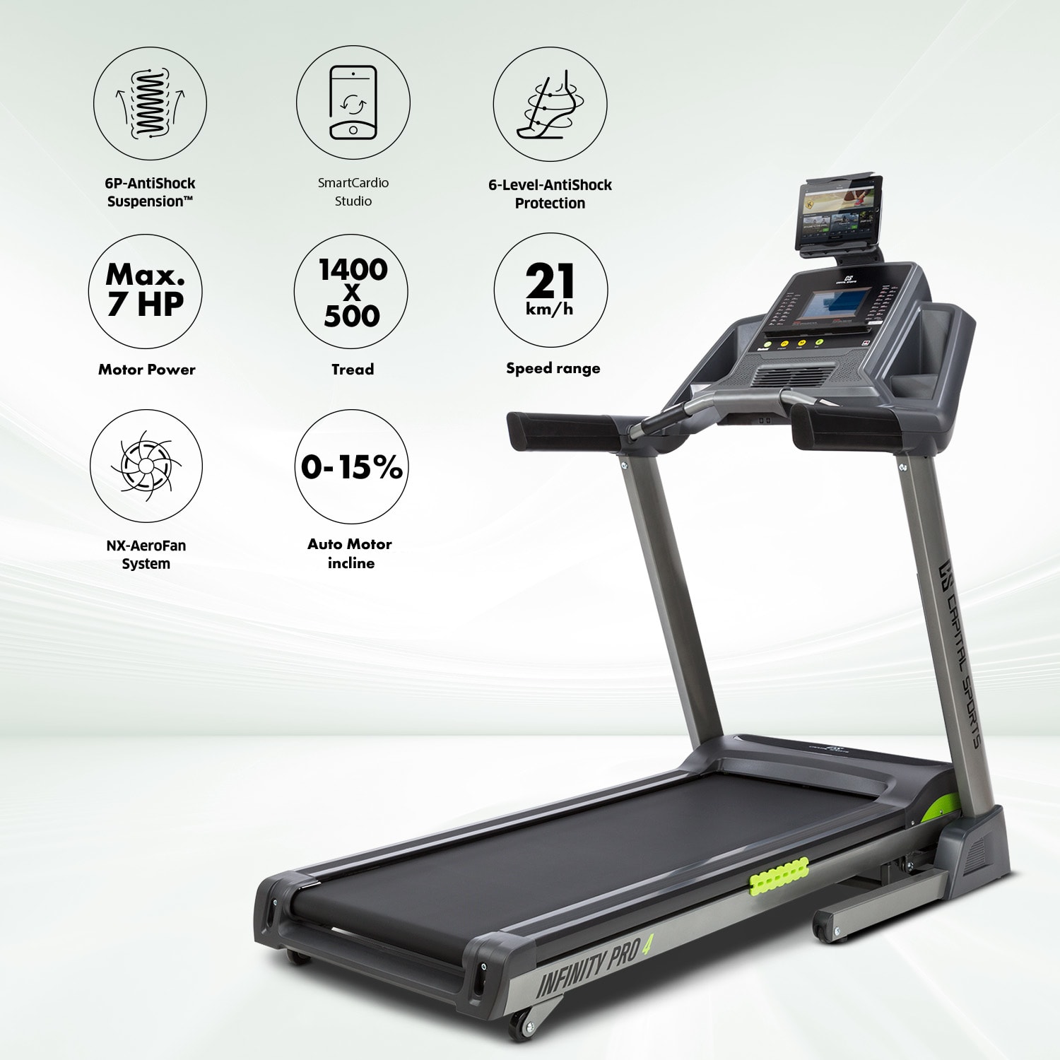 Capital Sports Infinity Pro 4.0, bežecký pás, 7 HP, BT, aplikácia Kinomap, LCD – Obrázok 2