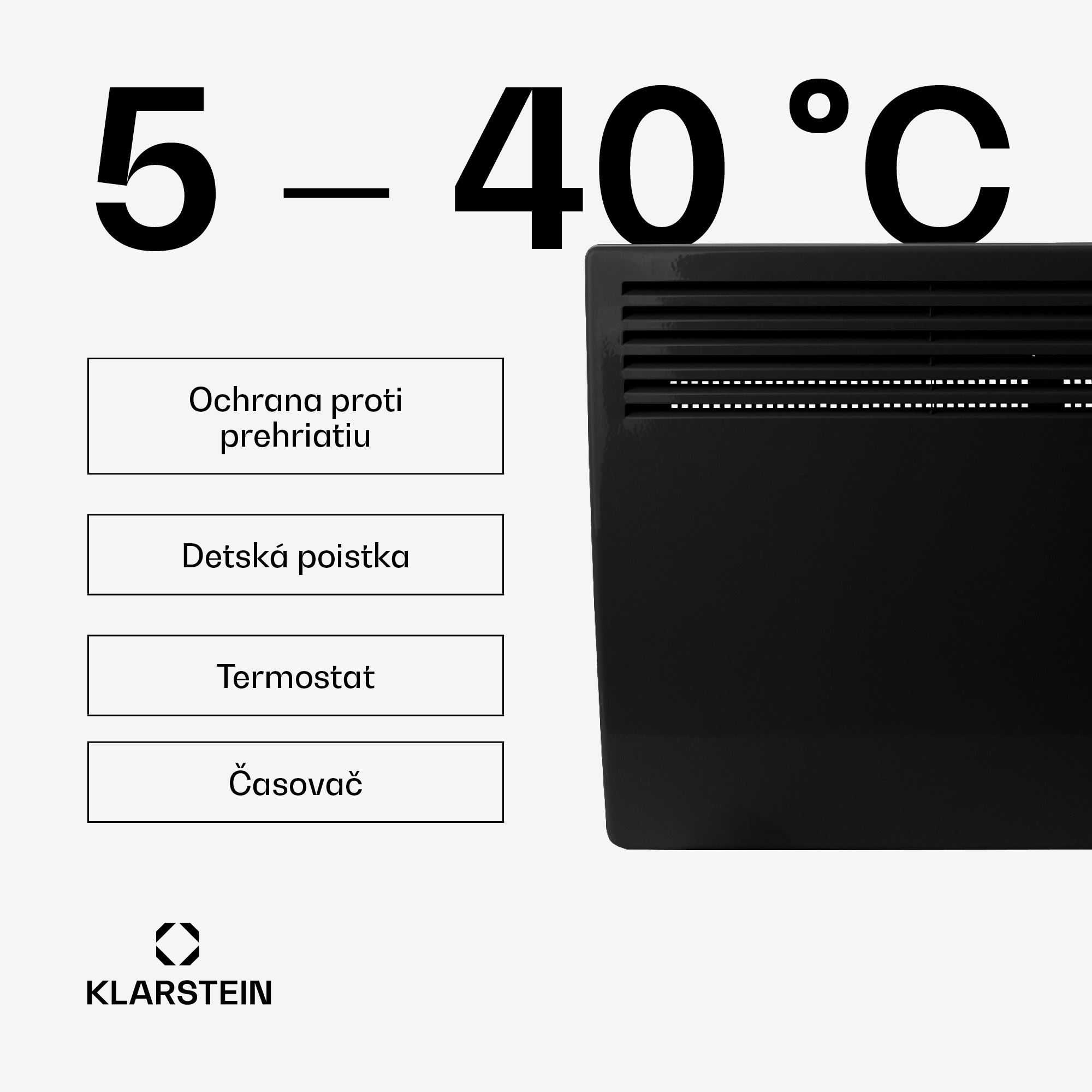 Klarstein Hot Spot Slimcurve, konvektor, ohrievač, 80 x 40 cm, 20 m², 2000 W, 5 - 40 °C, IP24, čierny – Obrázok 2