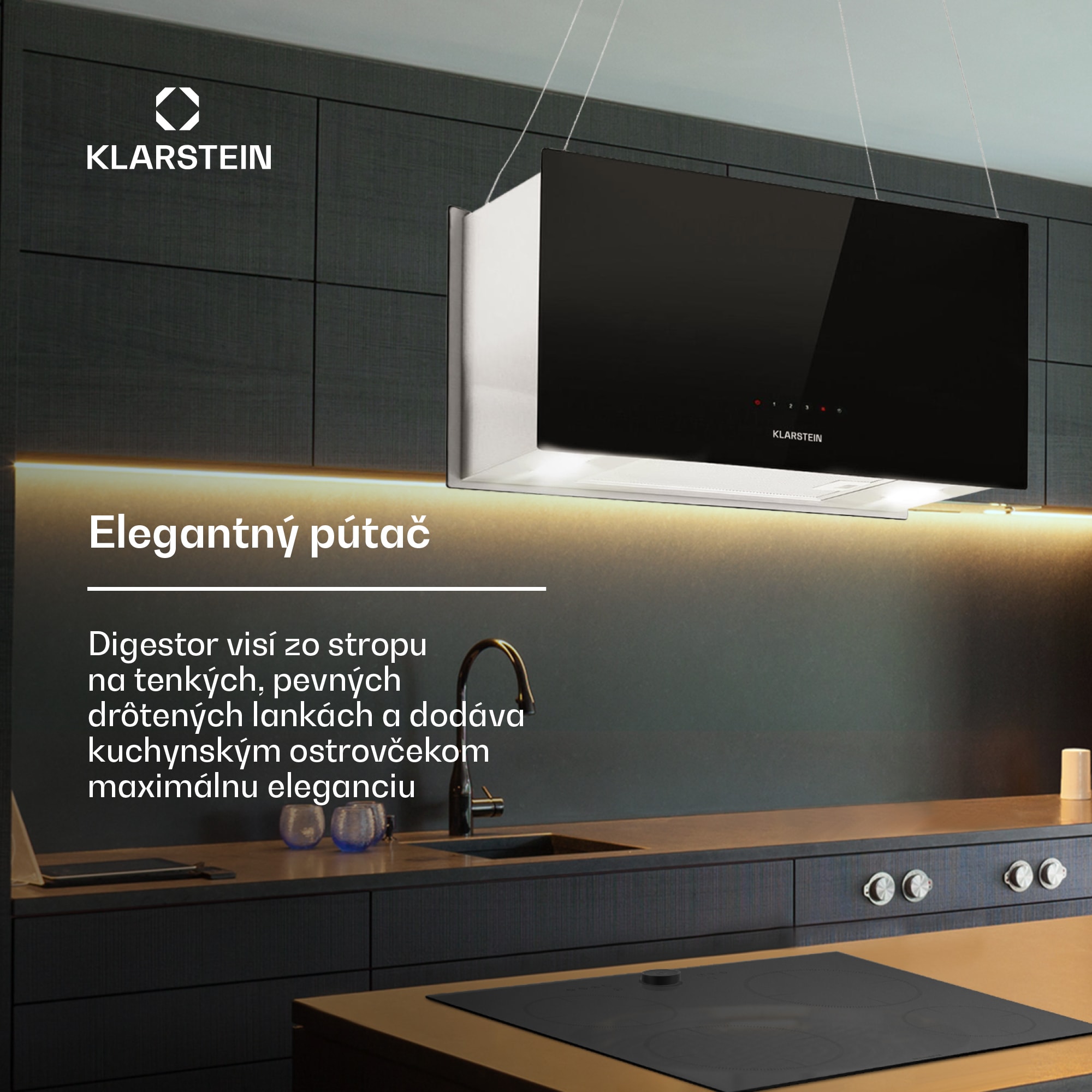 Klarstein Kronleuchter L, digestor, 60 cm, ostrovčekový, 577 m³/h, dotykové ovládanie, LED, čierny – Obrázok 2