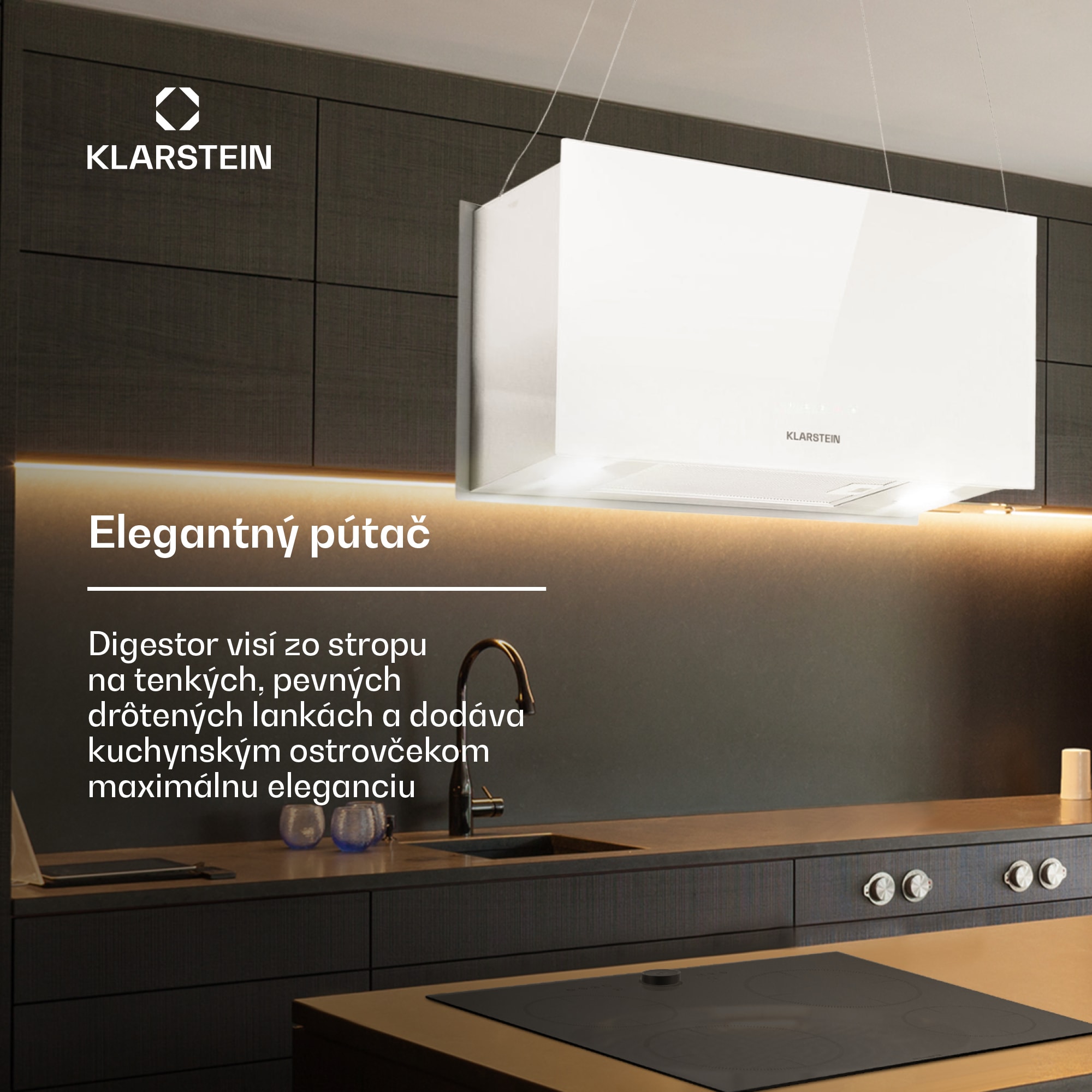 Klarstein Kronleuchter L, digestor, 60 cm, ostrovčekový, 577 m³/h, dotykové ovládanie, LED, biely – Obrázok 2