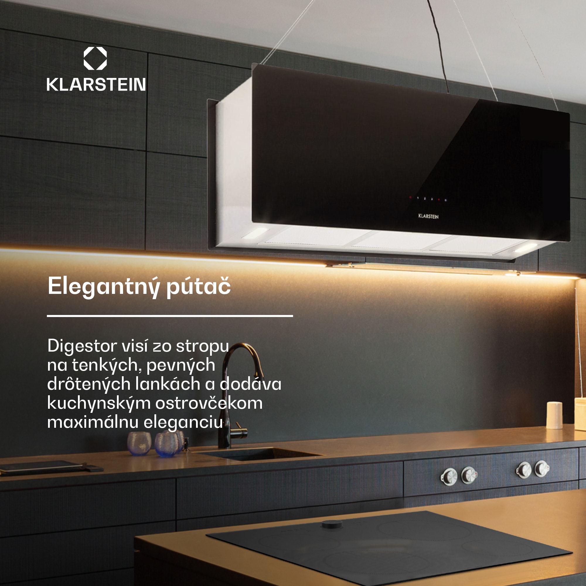 Klarstein Kronleuchter XL, digestor, 90 cm, ostrovčekový, 577 m³/h, dotykové ovládanie, LED, čierny – Obrázok 2