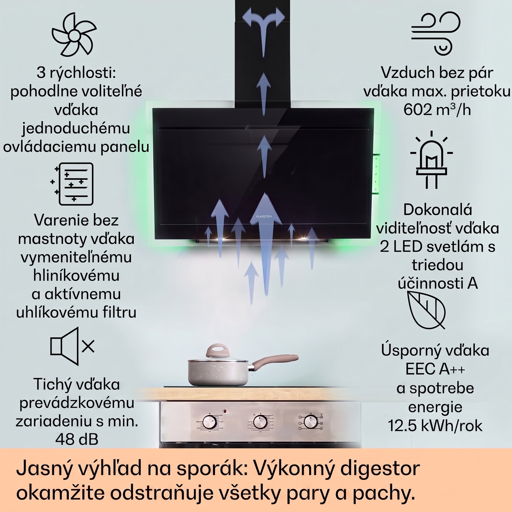 Klarstein Mirage 90, digestor, 90 cm, nástenný, 515 m³/h, A++, dotykový panel, RGB svetlo, čierny – Obrázok 2