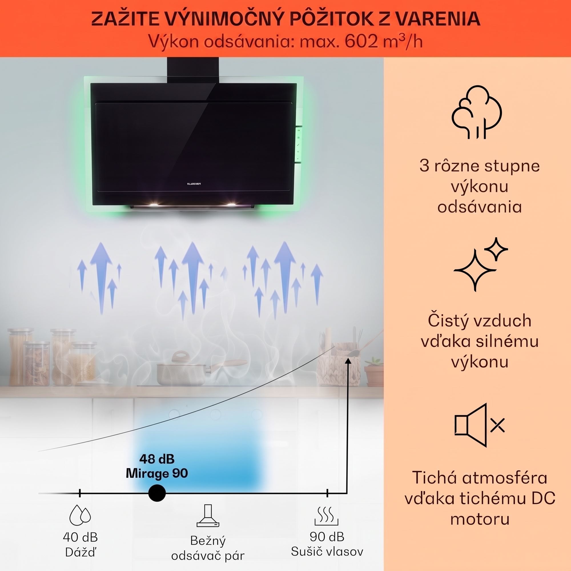 Klarstein Mirage 90, digestor, 90 cm, nástenný, 515 m³/h, A++, dotykový panel, RGB svetlo, čierny – Obrázok 3