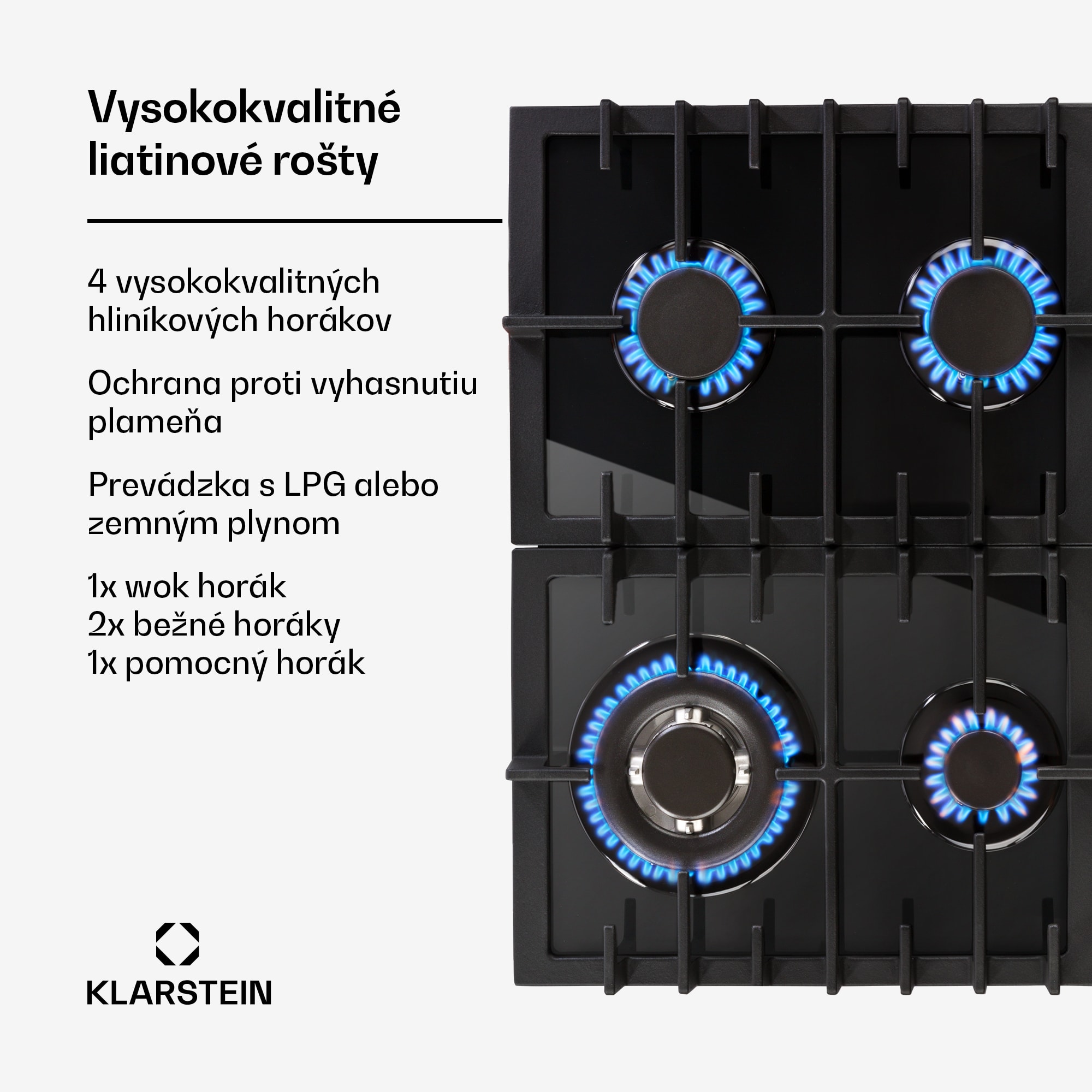 Klarstein Ignito 4-zónová plynová varná doska, 4 horáky, Sabaf horáky, čierna sklokeramika – Obrázok 3