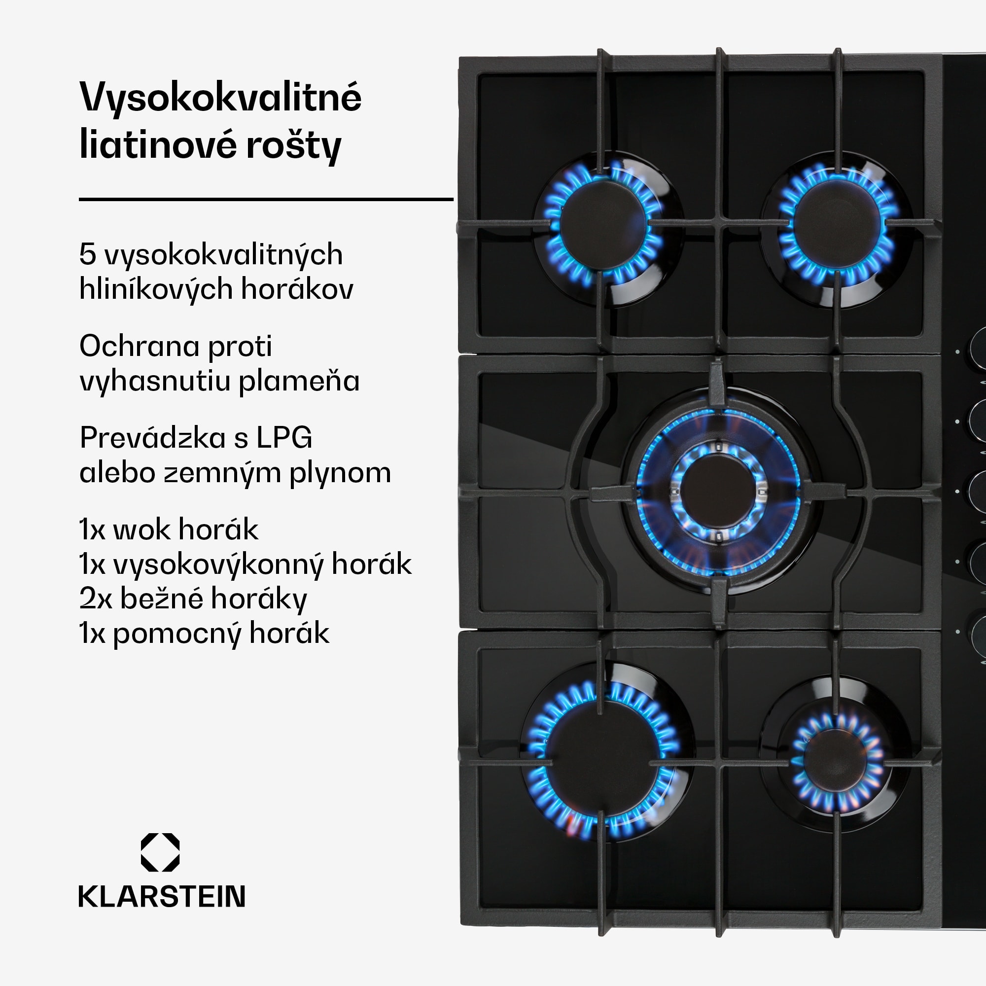 Klarstein Ignito 5, plynová varná doska, 5 Sabaf horákov, sklokeramika, čierna – Obrázok 3