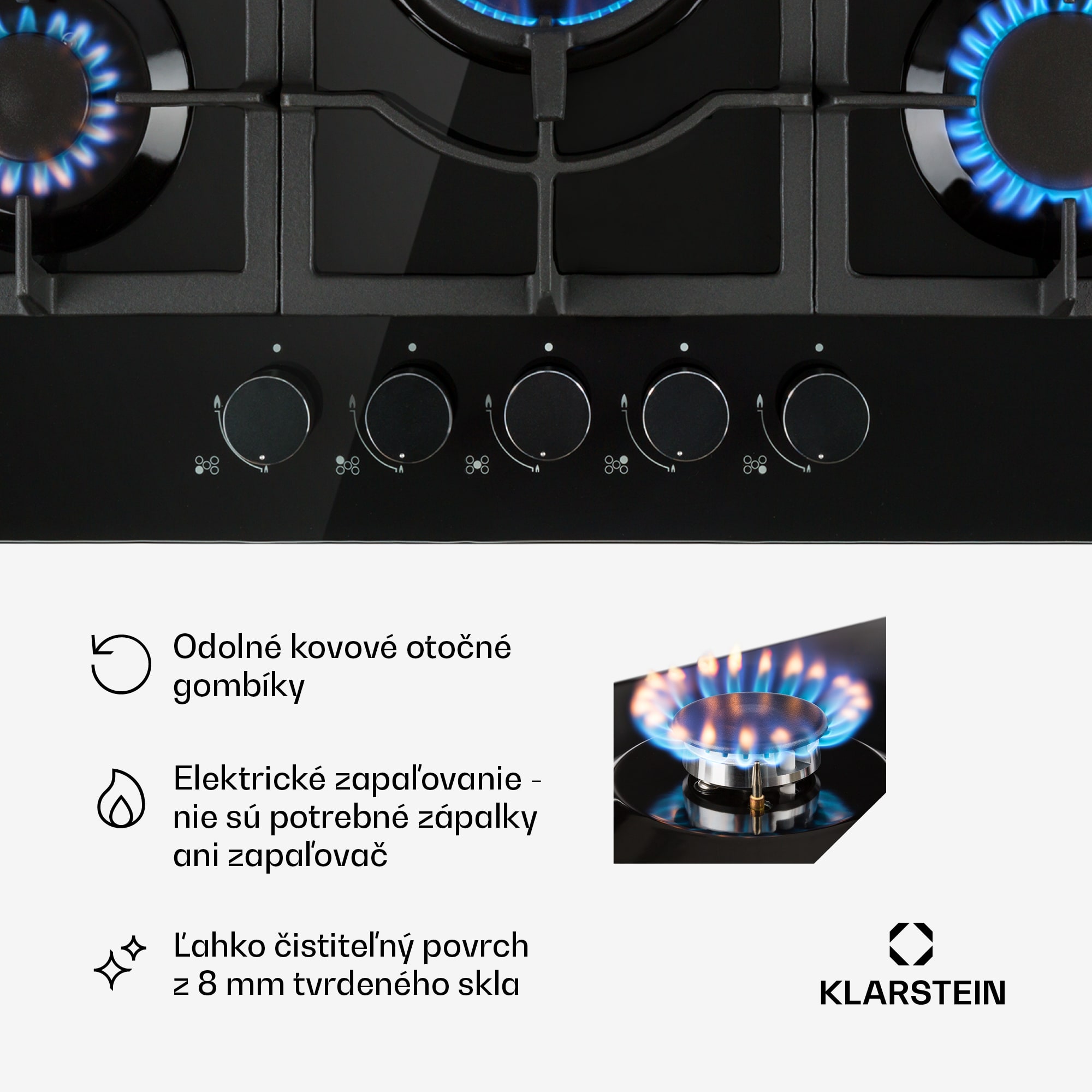 Klarstein Ignito 5, plynová varná doska, 5 Sabaf horákov, sklokeramika, čierna – Obrázok 5