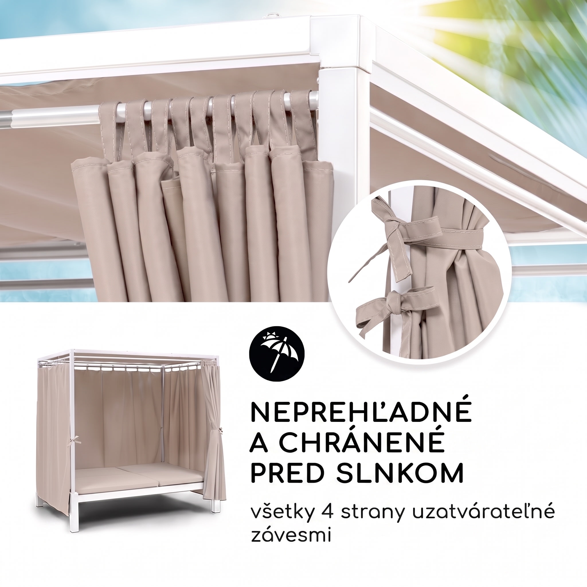 Blumfeldt Eremitage Double Sunbed, lehátko, pre 2 osoby, oceľový rám, slnečná strieška, závesy, krémové – Obrázok 3
