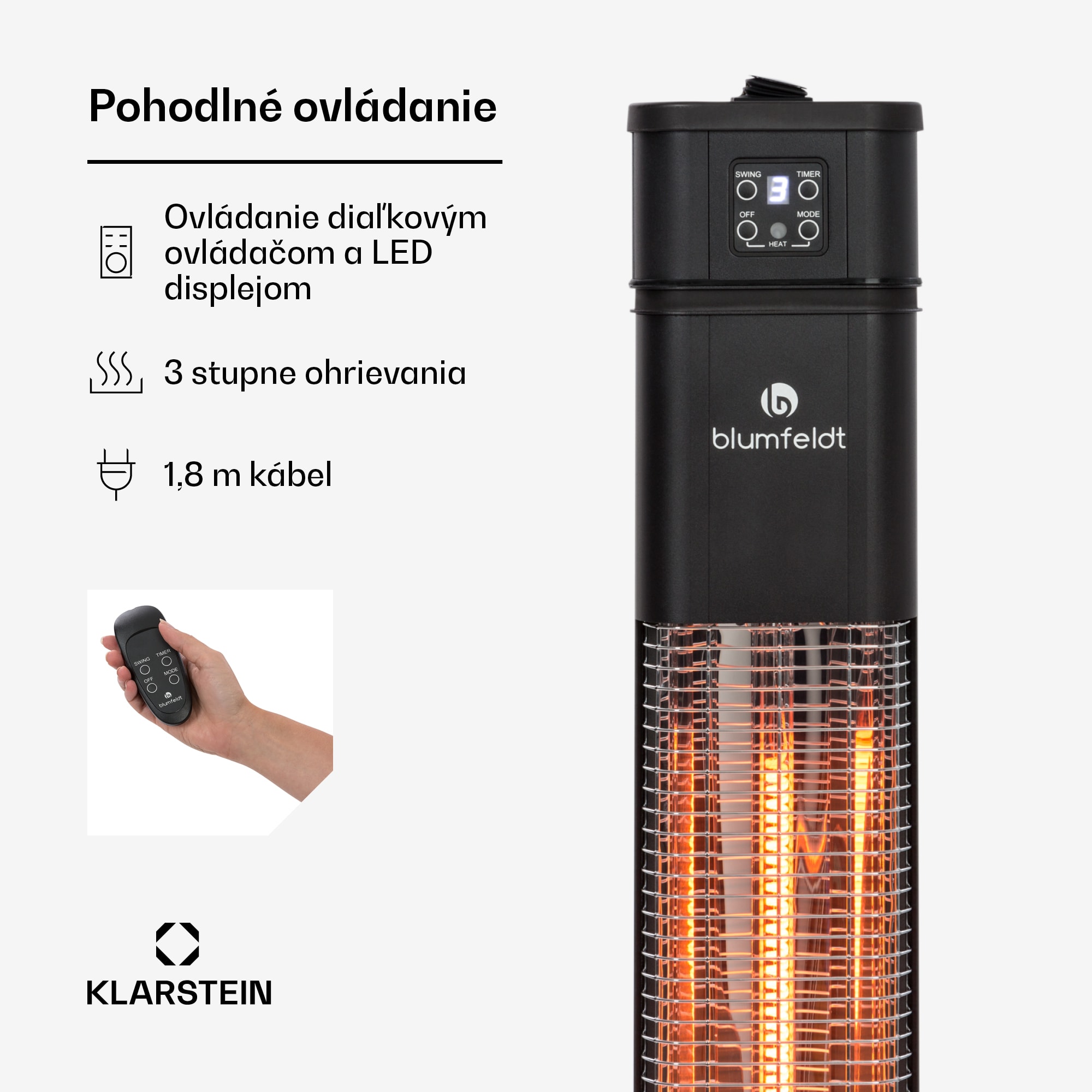 Blumfeldt Heat Guru, infračervený ohrievač, 2000 W, 3 stupne ohrevu, diaľkový ovládač, čierny – Obrázok 4