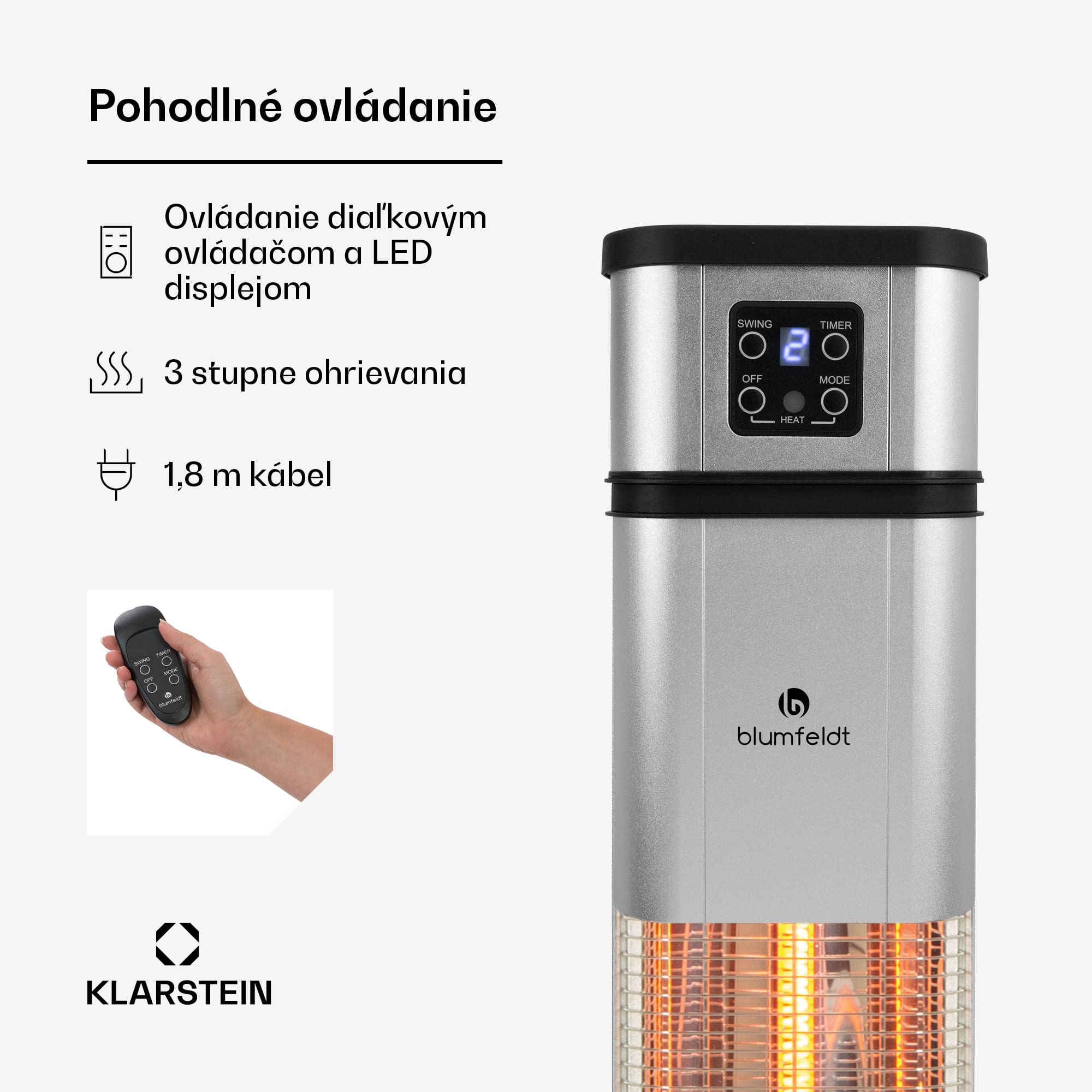 Blumfeldt Heat Guru, infračervený ohrievač, 2000 W, 3 stupne ohrevu, diaľkový ovládač, strieborný – Obrázok 3