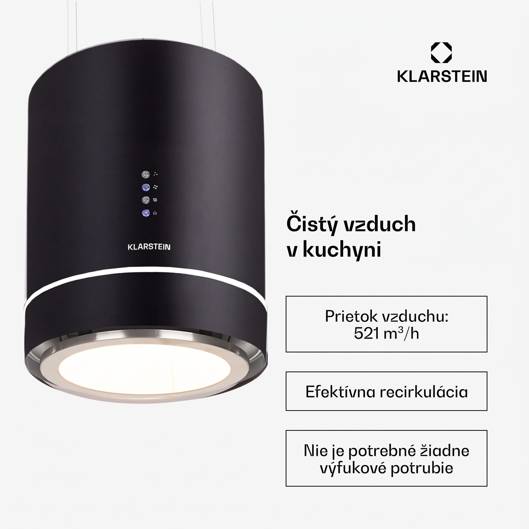 Klarstein Tron Ambience, digestor, 38 cm, ostrovčekový, 521 m³/h, LED, čierny – Obrázok 3
