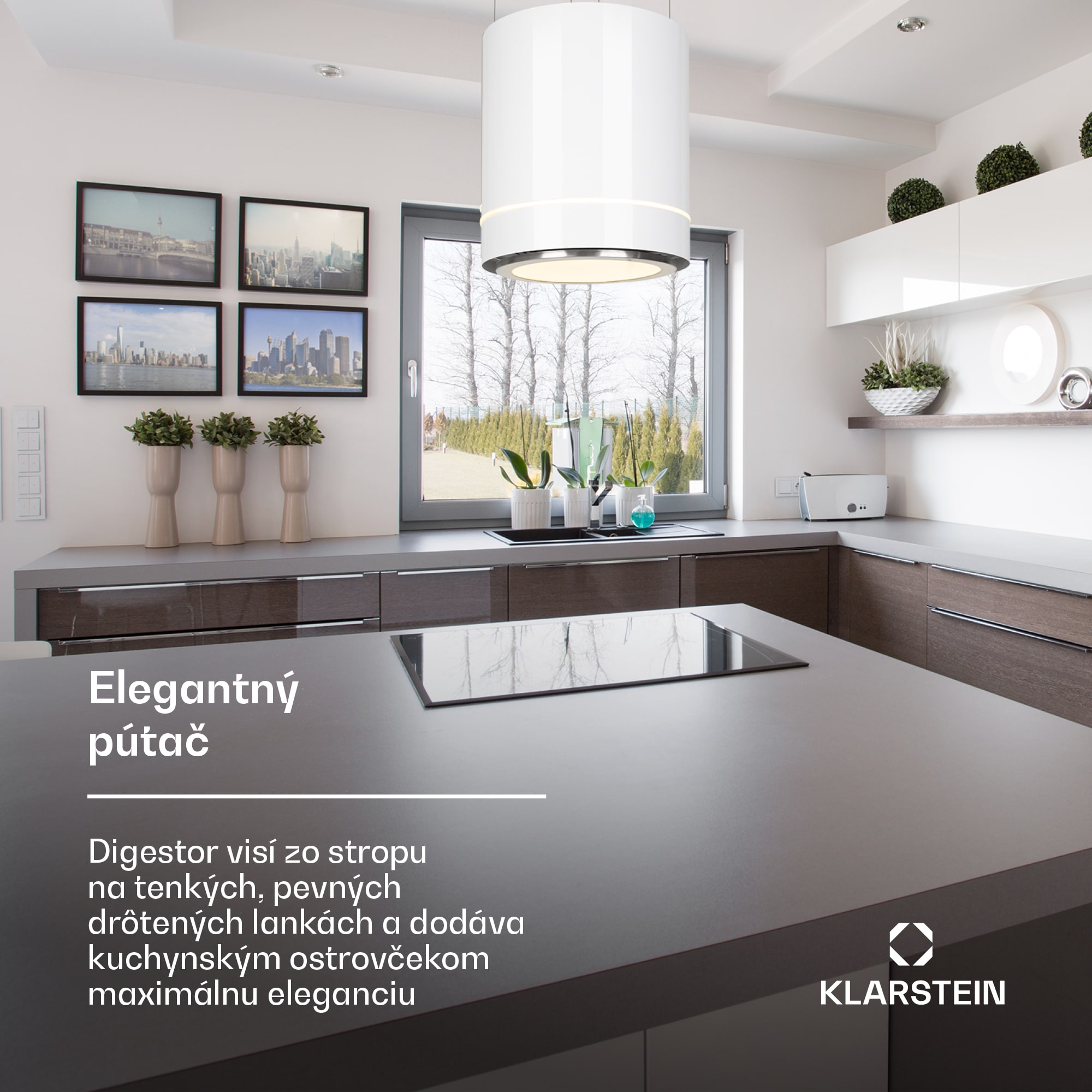 Klarstein Tron Ambience, digestor, 38 cm, ostrovčekový, 521 m³/h, LED, biely – Obrázok 2