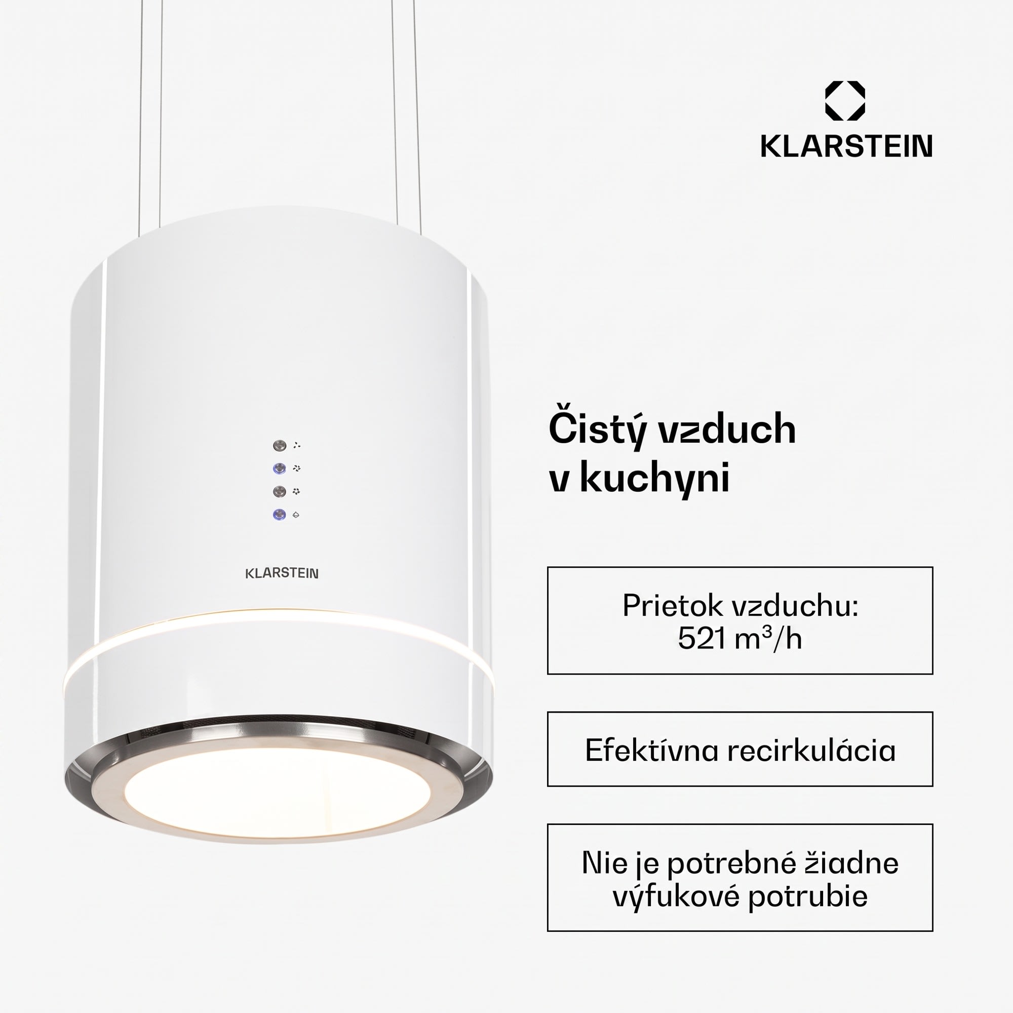 Klarstein Tron Ambience, digestor, 38 cm, ostrovčekový, 521 m³/h, LED, biely – Obrázok 3
