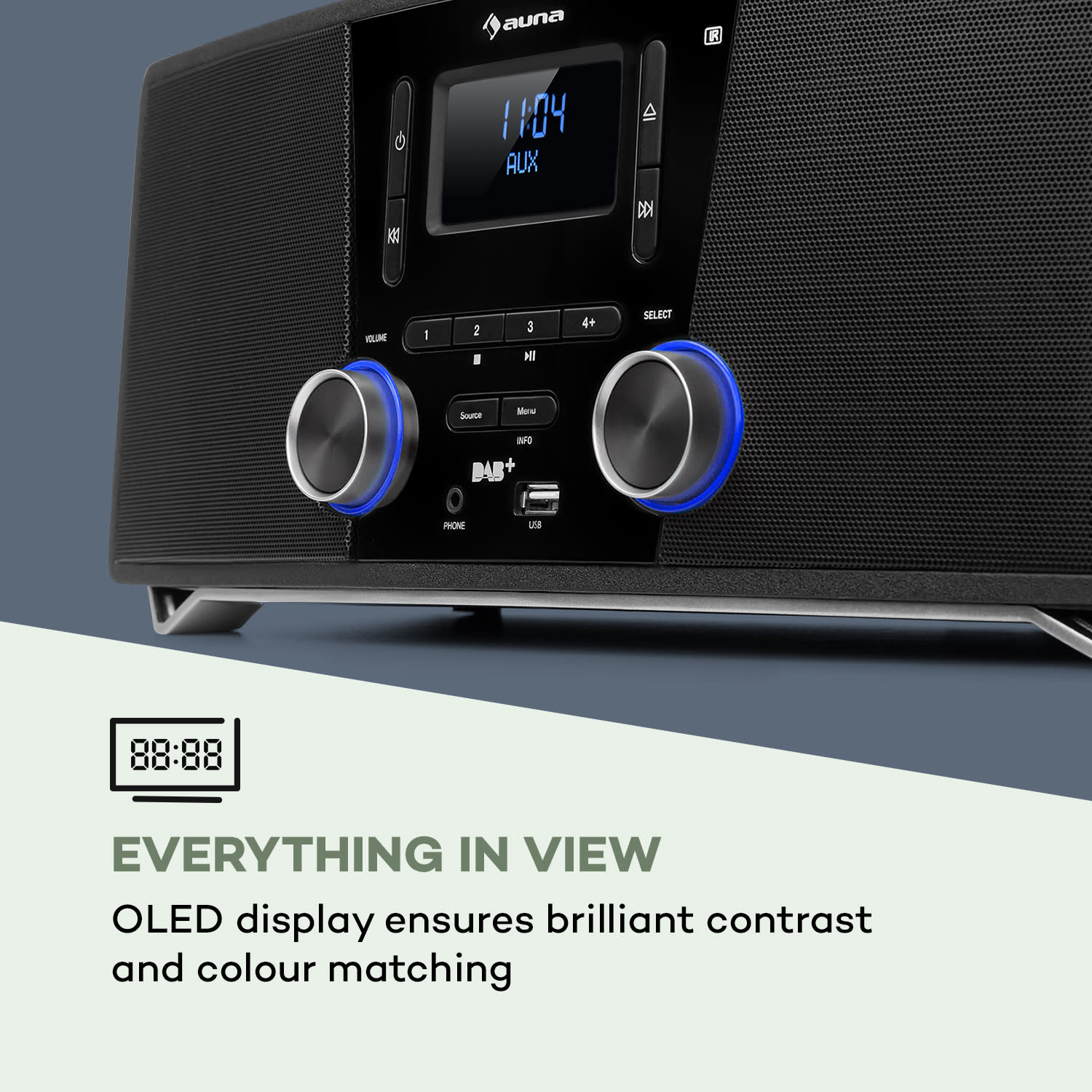 Auna Stockton, mikro stereo systém, max. 20W, DAB+, UKW, CD prehrávač, BT, OLED, čierny – Obrázok 3