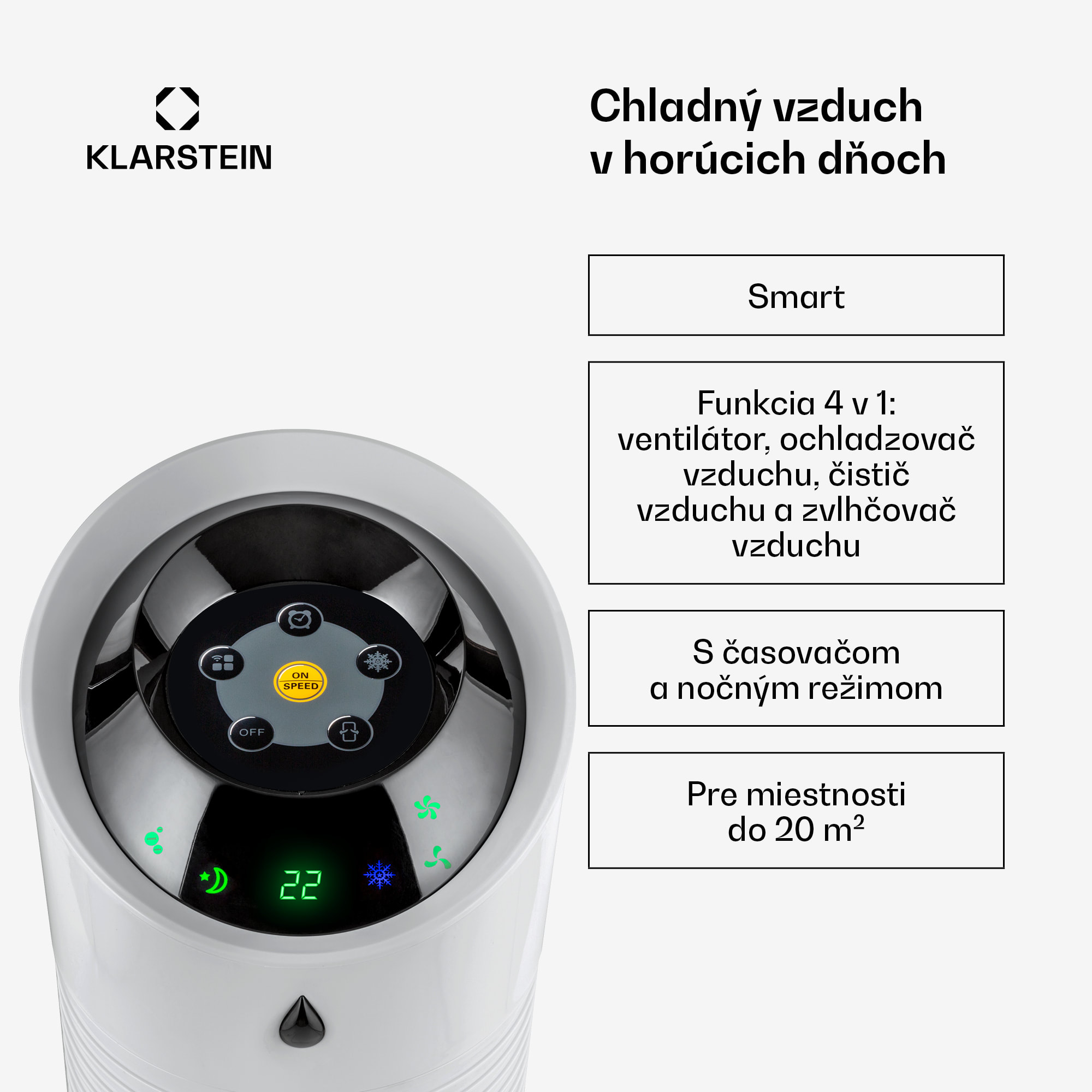 Klarstein Skyscraper Ice, 4 v 1 ochladzovač vzduchu, ventilátor, čistička vzduchu, zvlhčovač, 45 W, 180 m³/h, oscilácia, mobilný, diaľkové ovládanie – Obrázok 2