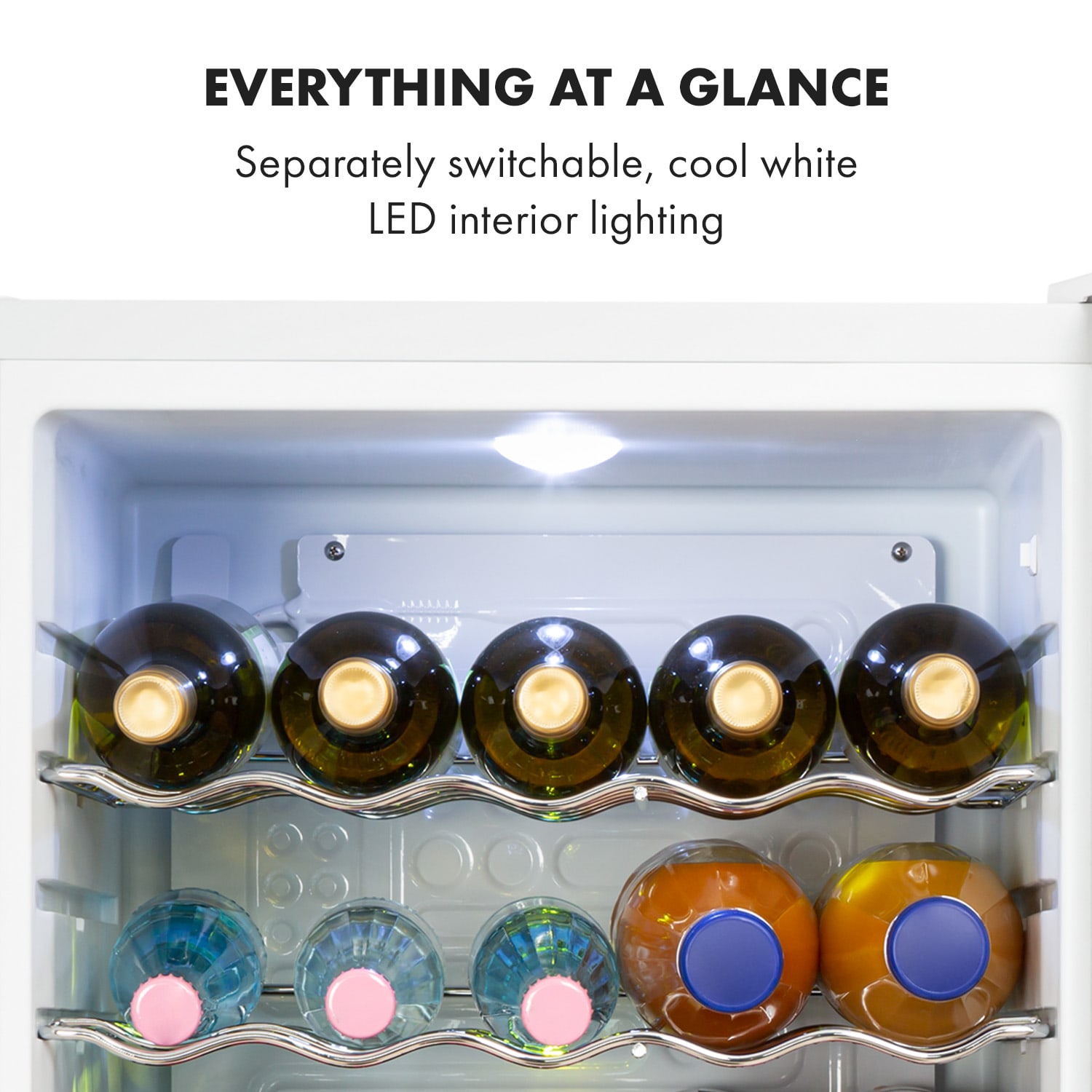 Klarstein Beersafe XL Crystal White, chladnička, energet. trieda D, 60 l, LED, sklenené dvierka, biela/strieborná – Obrázok 5