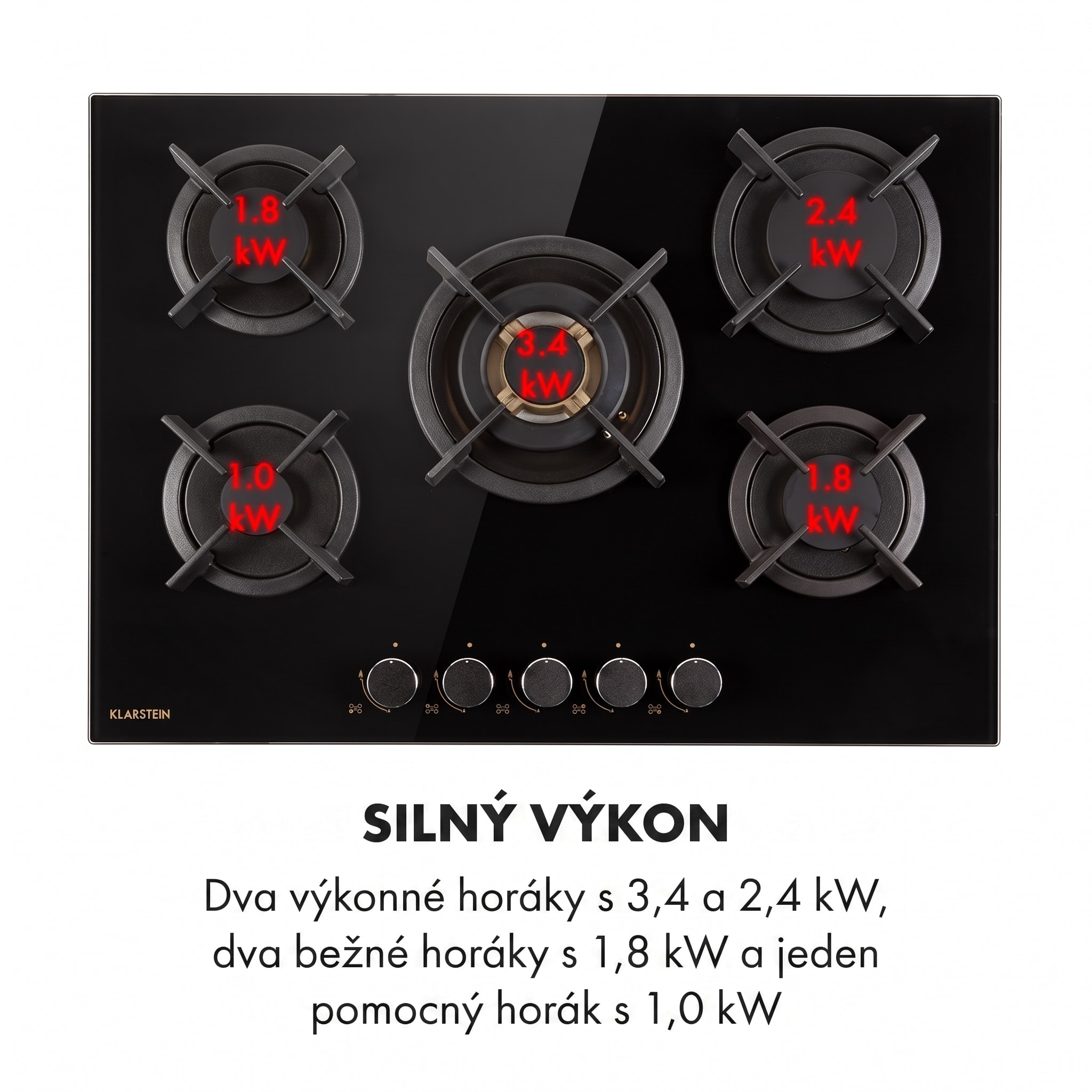 Klarstein Goldflame 5 plynová varná doska 5 horákov mosadzné horáky čierna sklokeramika – Obrázok 5