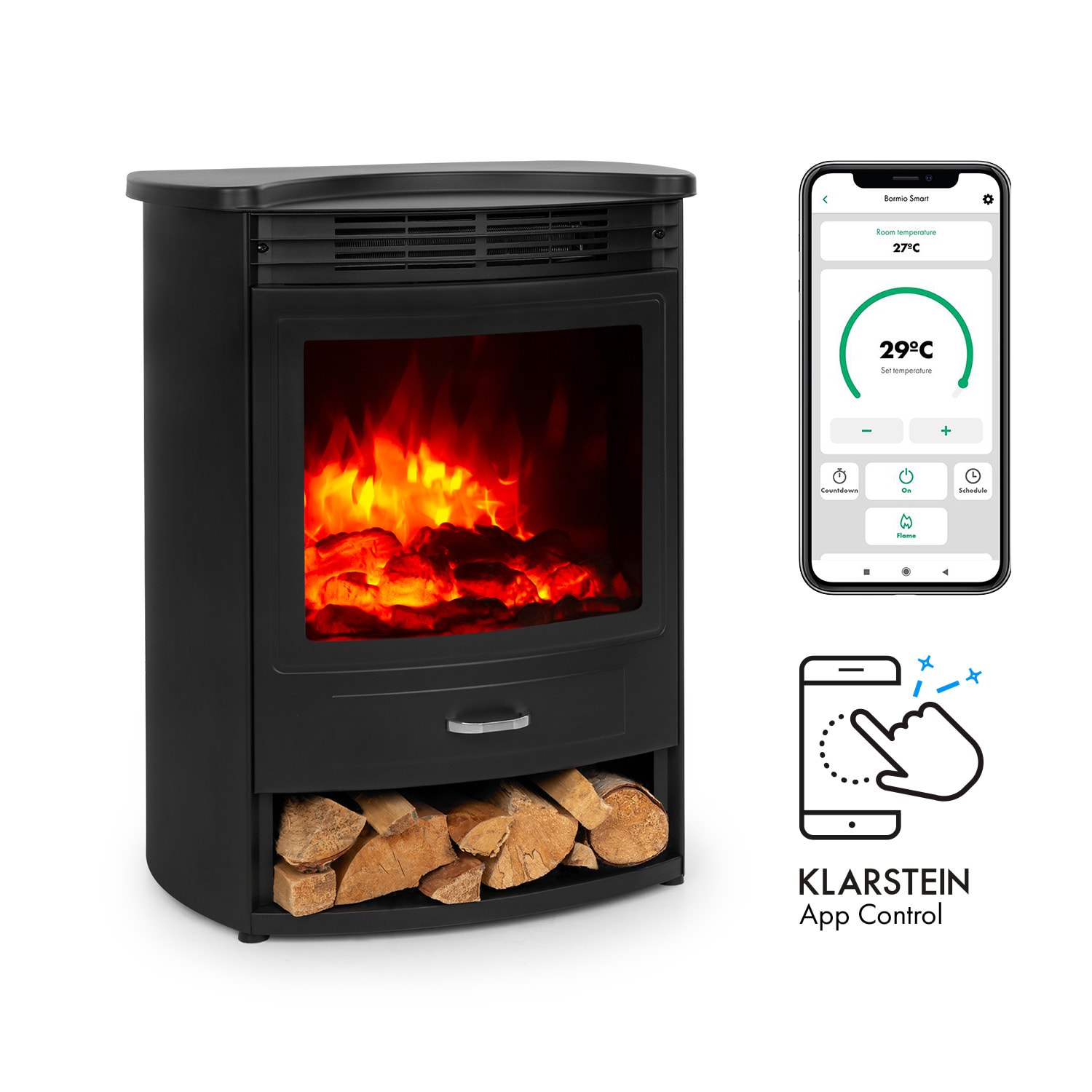 Klarstein Bormio S Smart, elektrický krb, 900/1800 W, termostat, týždenný časovač, čierny