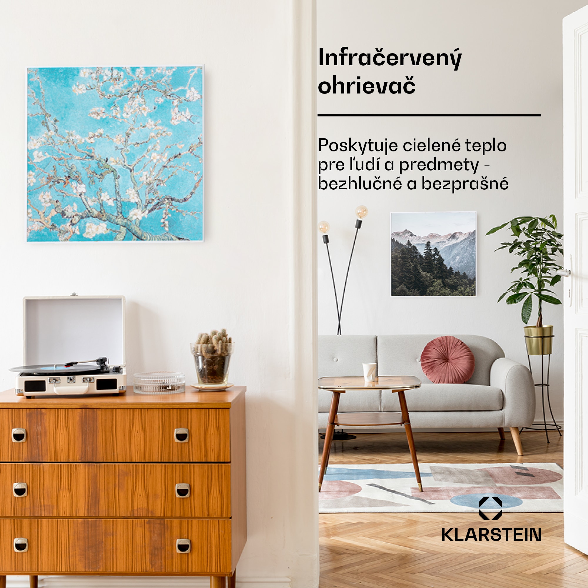 Klarstein Wonderwall Air Art Smart, infračervený ohrievač, 60 x 60 cm, 350 W, aplikácia, mandľový kvet – Obrázok 4