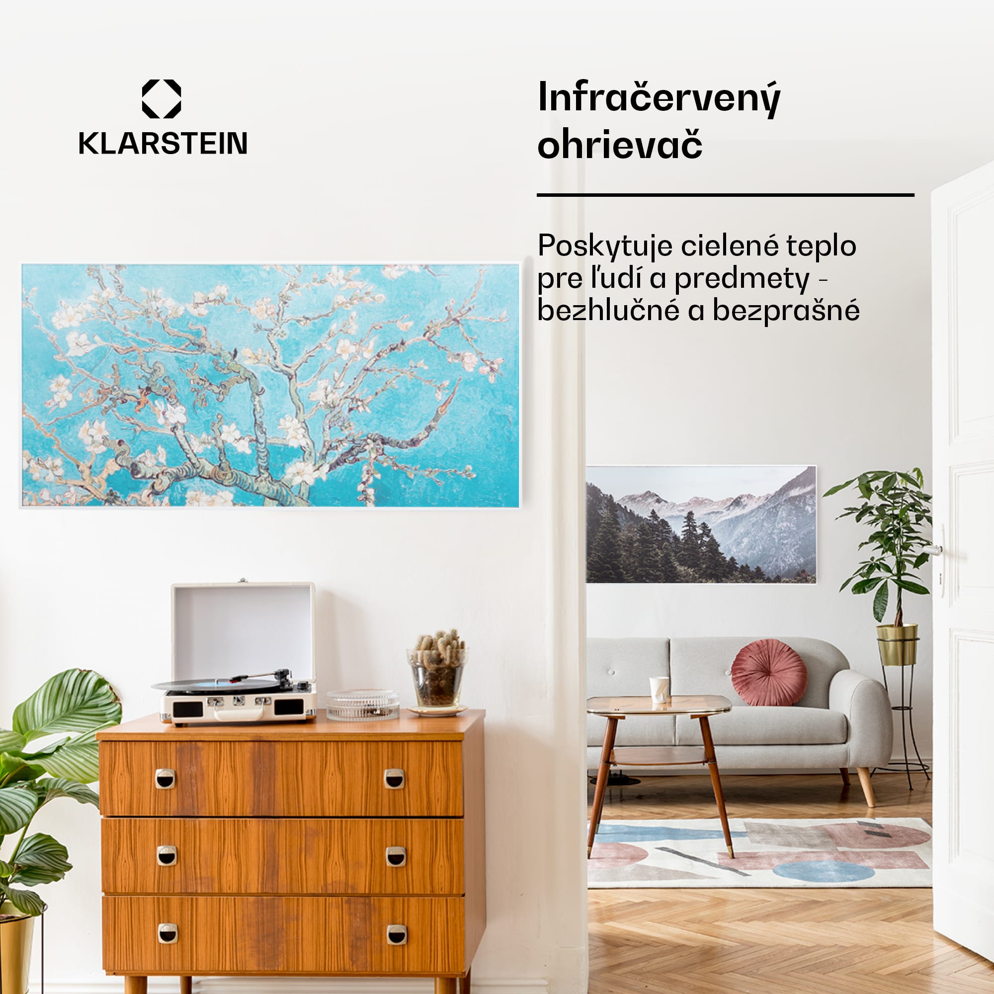 Klarstein Wonderwall Air Art Smart, infračervený ohrievač, 120 x 60 cm, 700 W, aplikácia, mandľový kvet – Obrázok 4