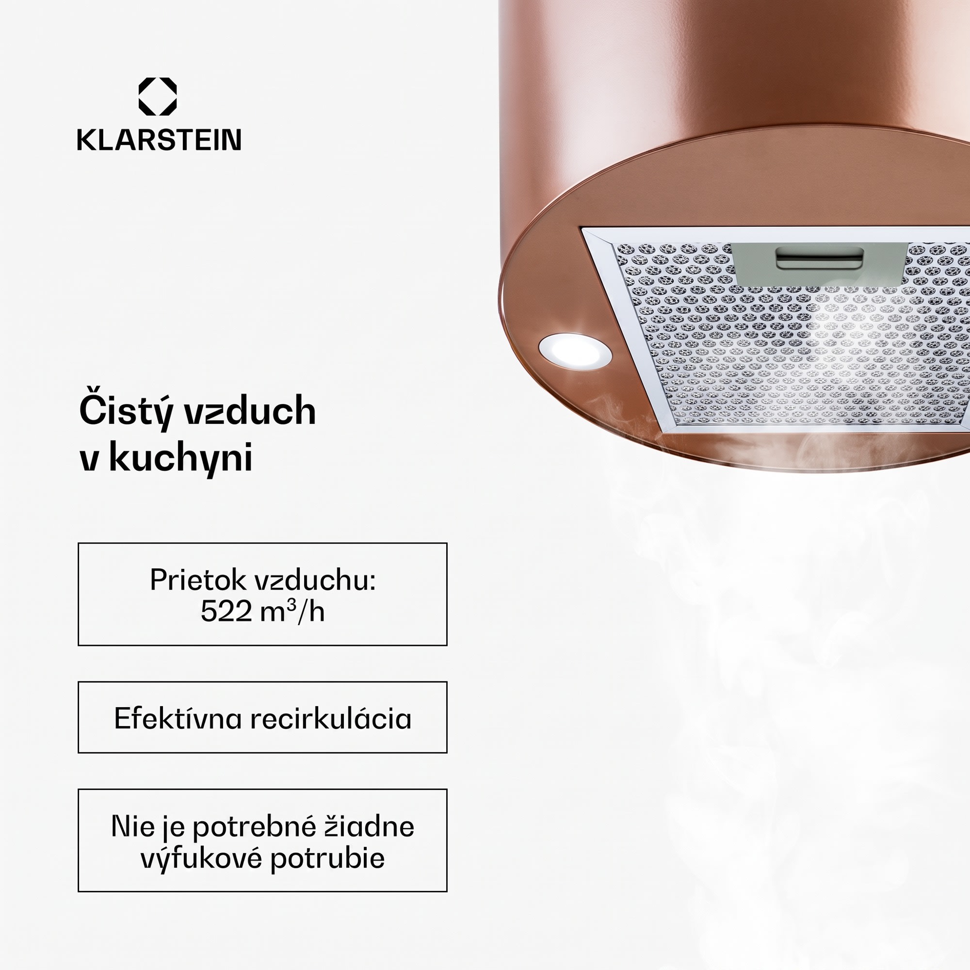 Klarstein Odsávač pár Barett v ostrovnom vyhotovení, Ø35 cm, recirkulačný režim, 522 m³/h, LED osvetlenie, filter s aktívnym uhlím – Obrázok 3