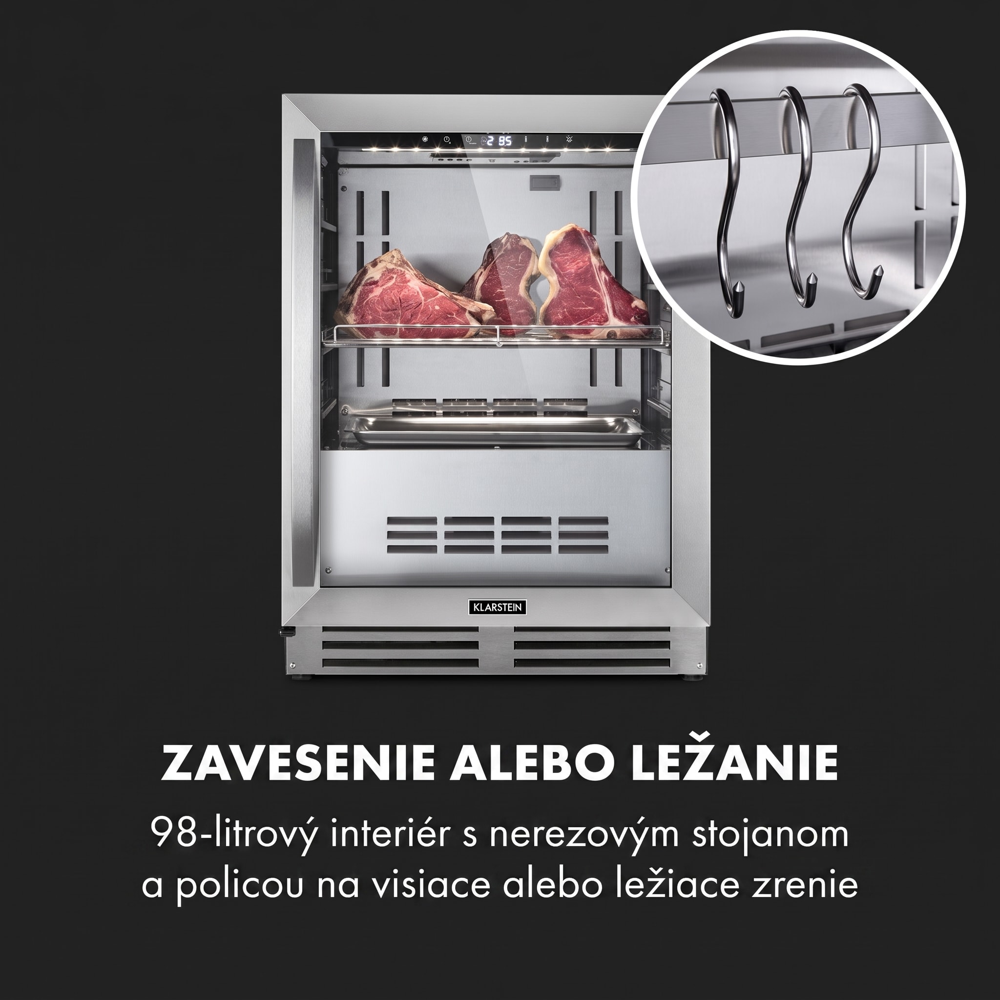 Klarstein Steakhouse Pro, chladnička na zrenie mäsa, 1 zóna, 98 l, 1–25°C, dotyková, nehrdzavejúca oceľ – Obrázok 5