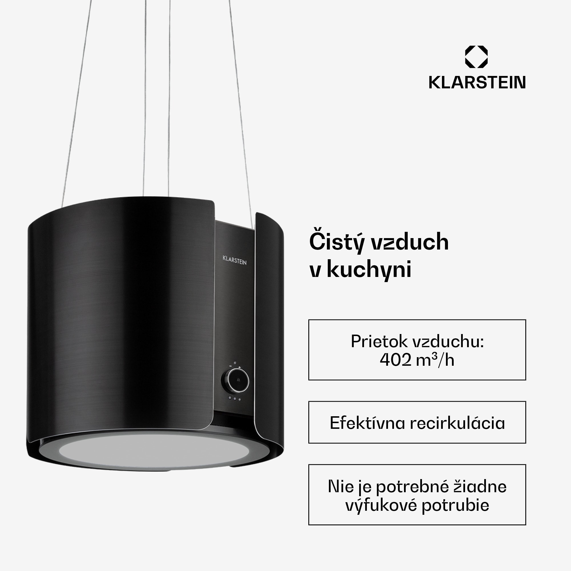 Klarstein Skyfall, digestor, 45 cm, ostrovčekový, 413 m³/h, LED, nehrdzavejúca oceľ, čierny – Obrázok 3
