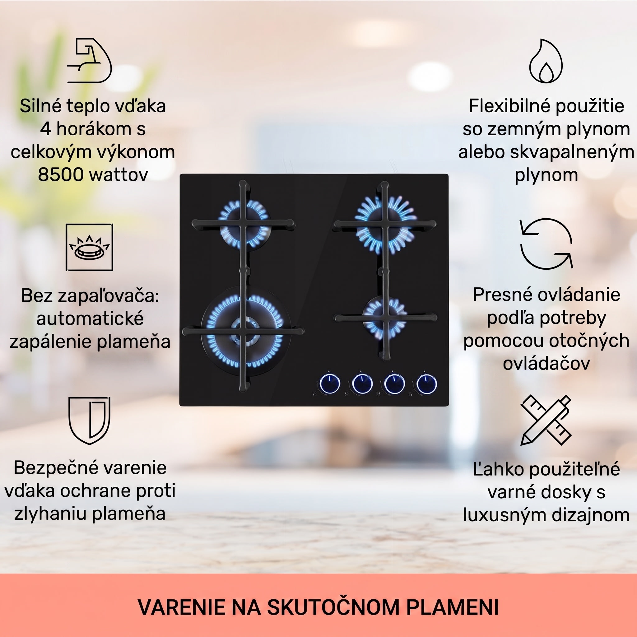 Klarstein Illuminosa 4, plynová varná doska, 4 Sabaf horáky, sklokeramika – Obrázok 2