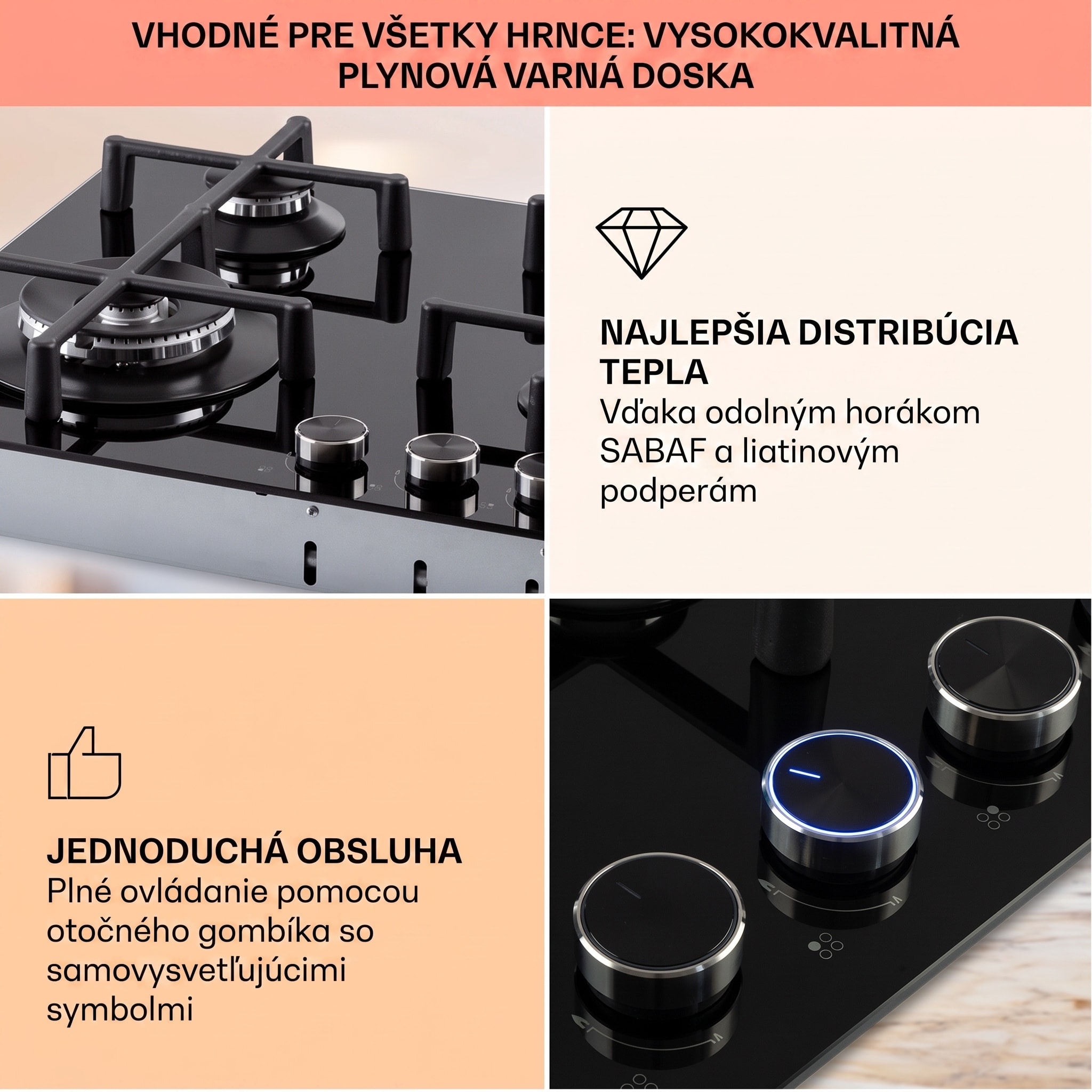 Klarstein Illuminosa 4, plynová varná doska, 4 Sabaf horáky, sklokeramika – Obrázok 4