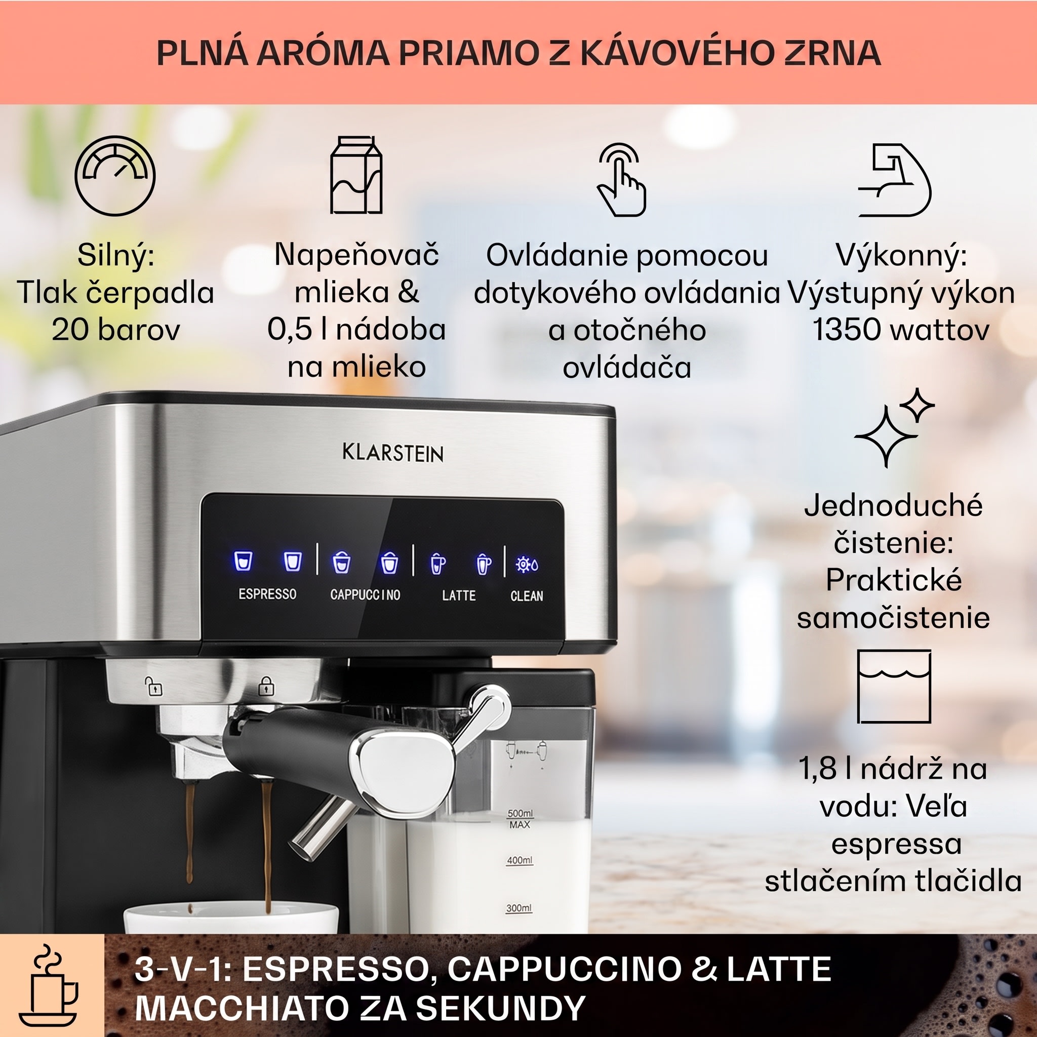 Klarstein Arabica Comfort kávovar s portafiltrom, 1350 W, 20 bar, 1,8 l, dotykový ovládací panel – Obrázok 2
