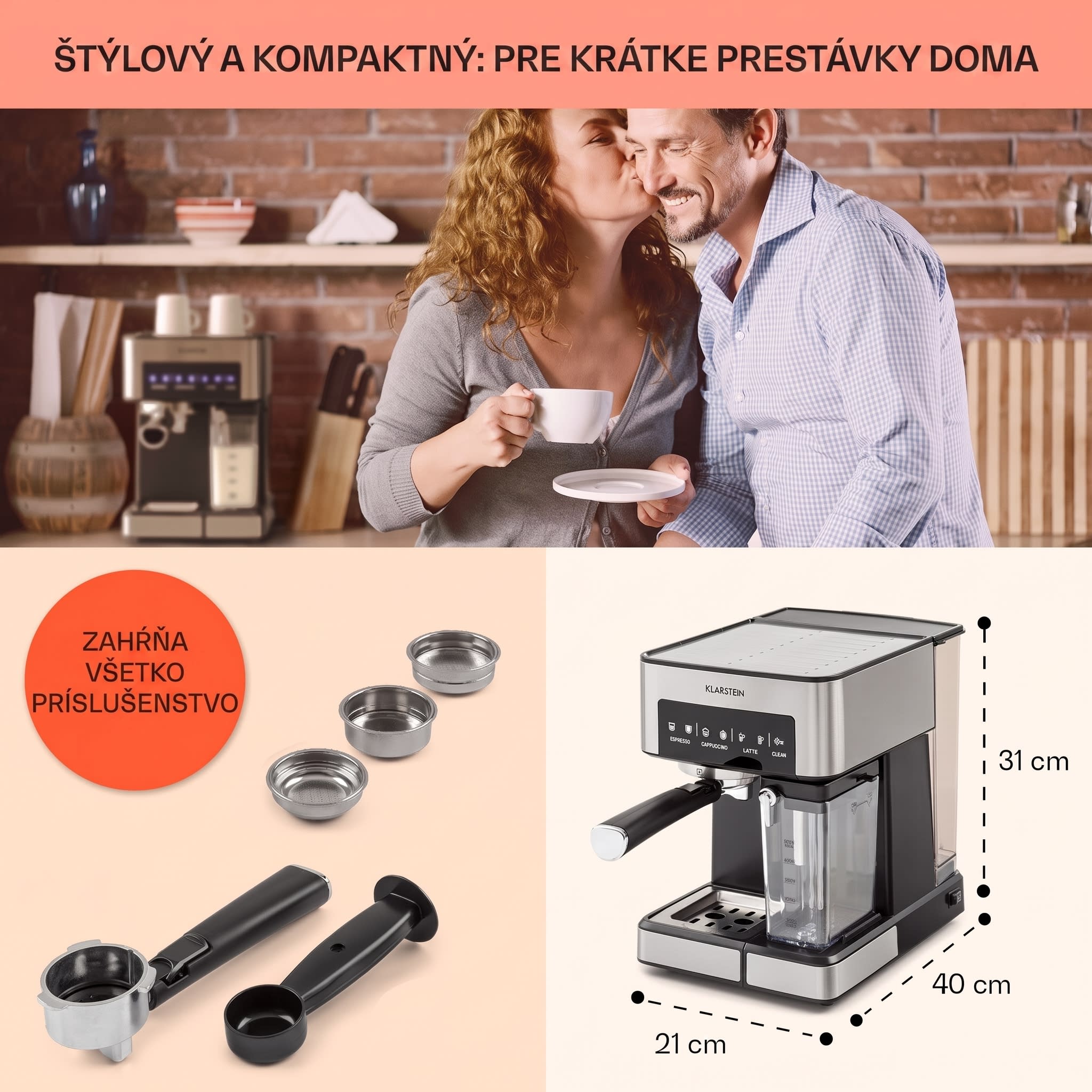 Klarstein Arabica Comfort kávovar s portafiltrom, 1350 W, 20 bar, 1,8 l, dotykový ovládací panel – Obrázok 5