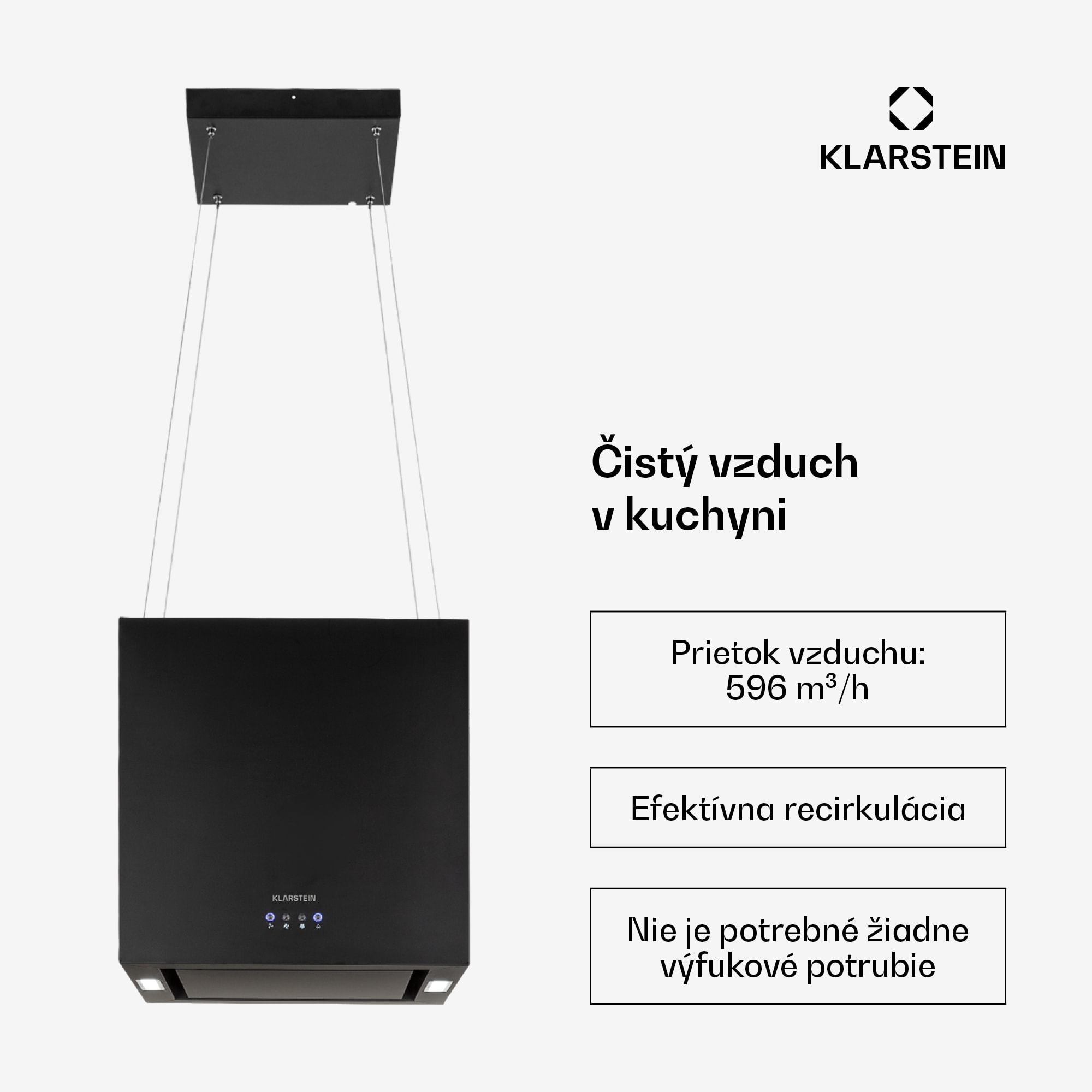 Klarstein Kronleuchter, digestor, 44 cm, ostrovčekový, 596 m³/h, LED panel, A, čierny – Obrázok 3