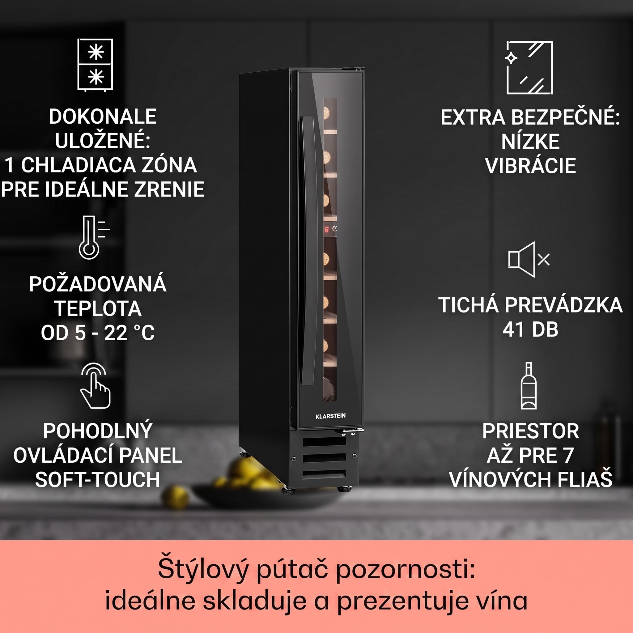 Klarstein Vinovilla 7 built-in Uno Onyx, vstavaná vinotéka, čierne sklo, nehrdzavejúca oceľ