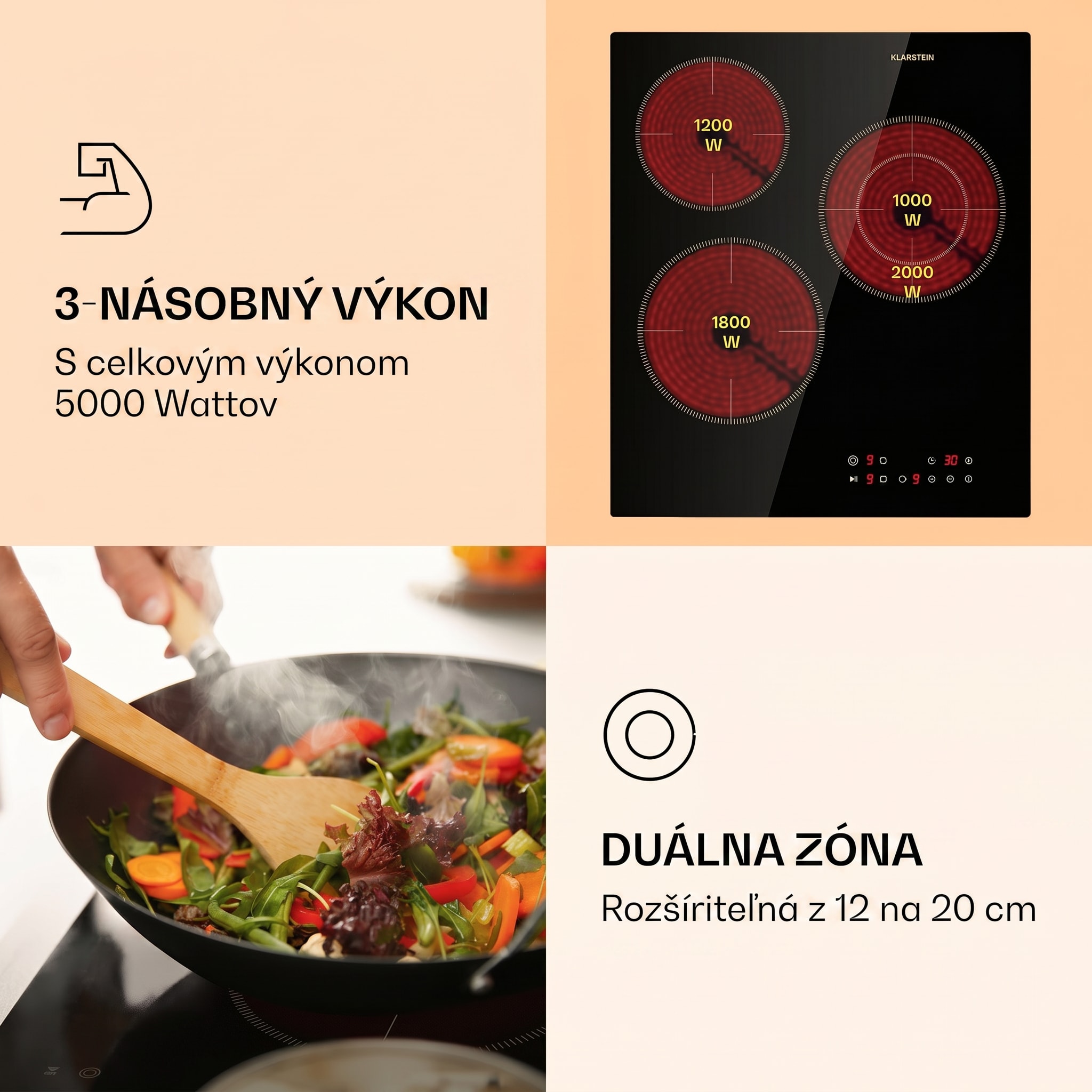 Klarstein Virtuosa 3 Slim, varná doska, 5000 W, 3 zóny, Dualzone, časovač, keramika – Obrázok 3