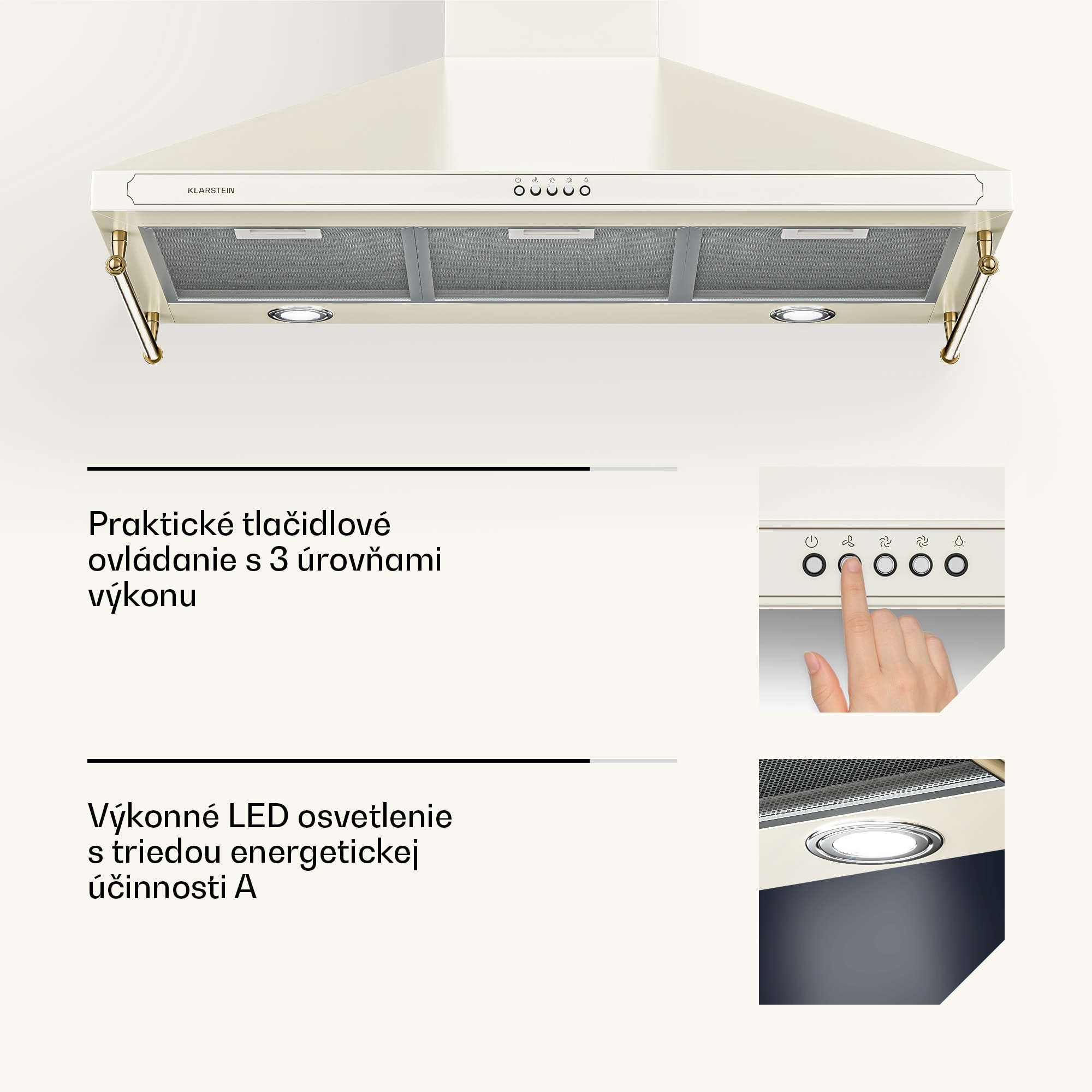Klarstein Victoria 90, digestor, 90 cm, nástenný, 630 m³/h, LED, retro dizajn, slonovinový – Obrázok 5