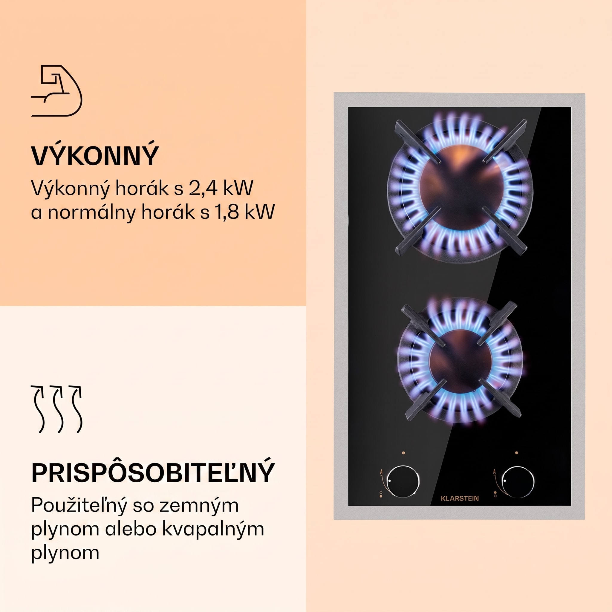 Klarstein Goldflame 2, plynová varná doska, 2 Messing horáky, sklokeramika – Obrázok 4